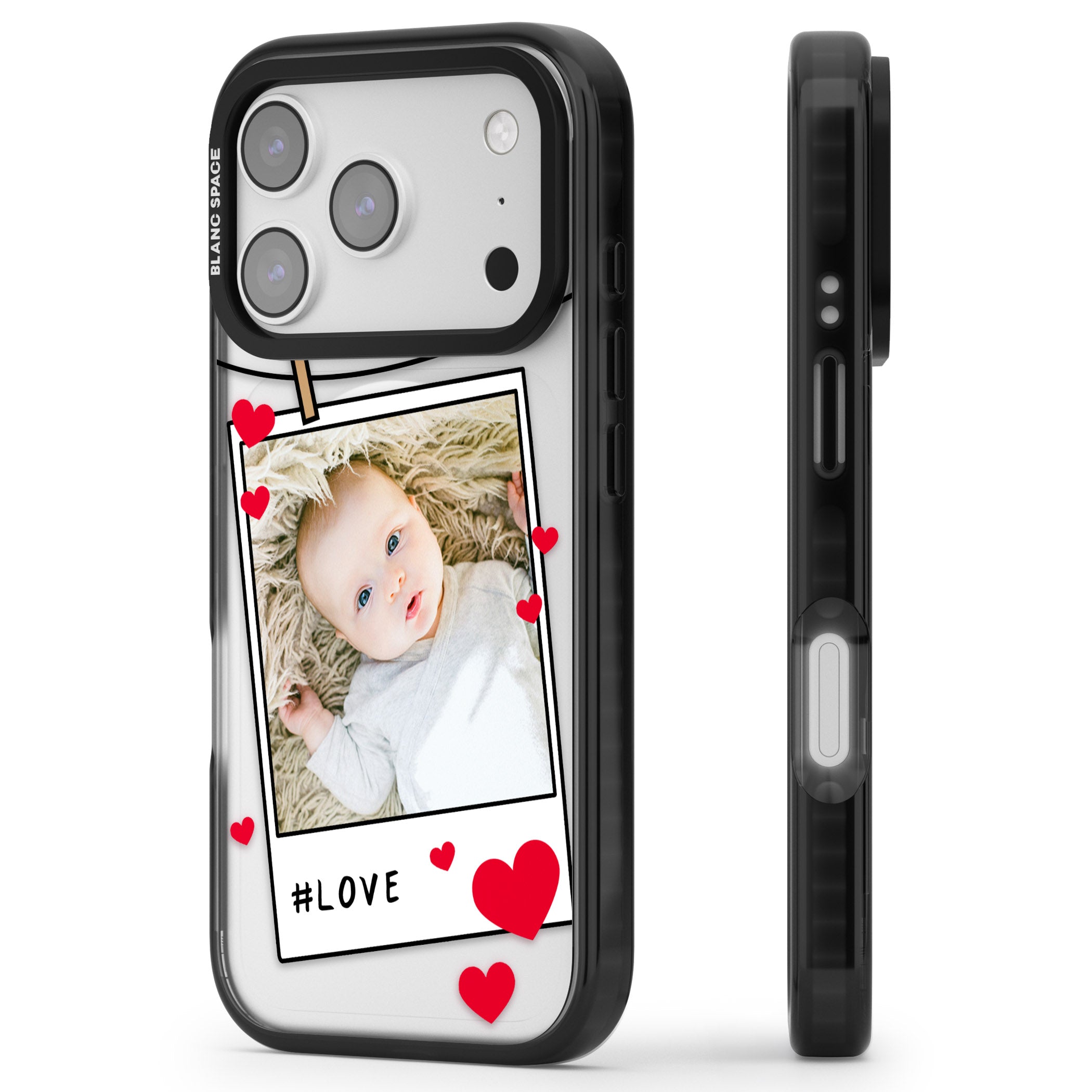 Personalised Paperclip & Hearts Instant Camera Photo iPhone 17 Pro Impact Pro Black Phone Case Side Profile