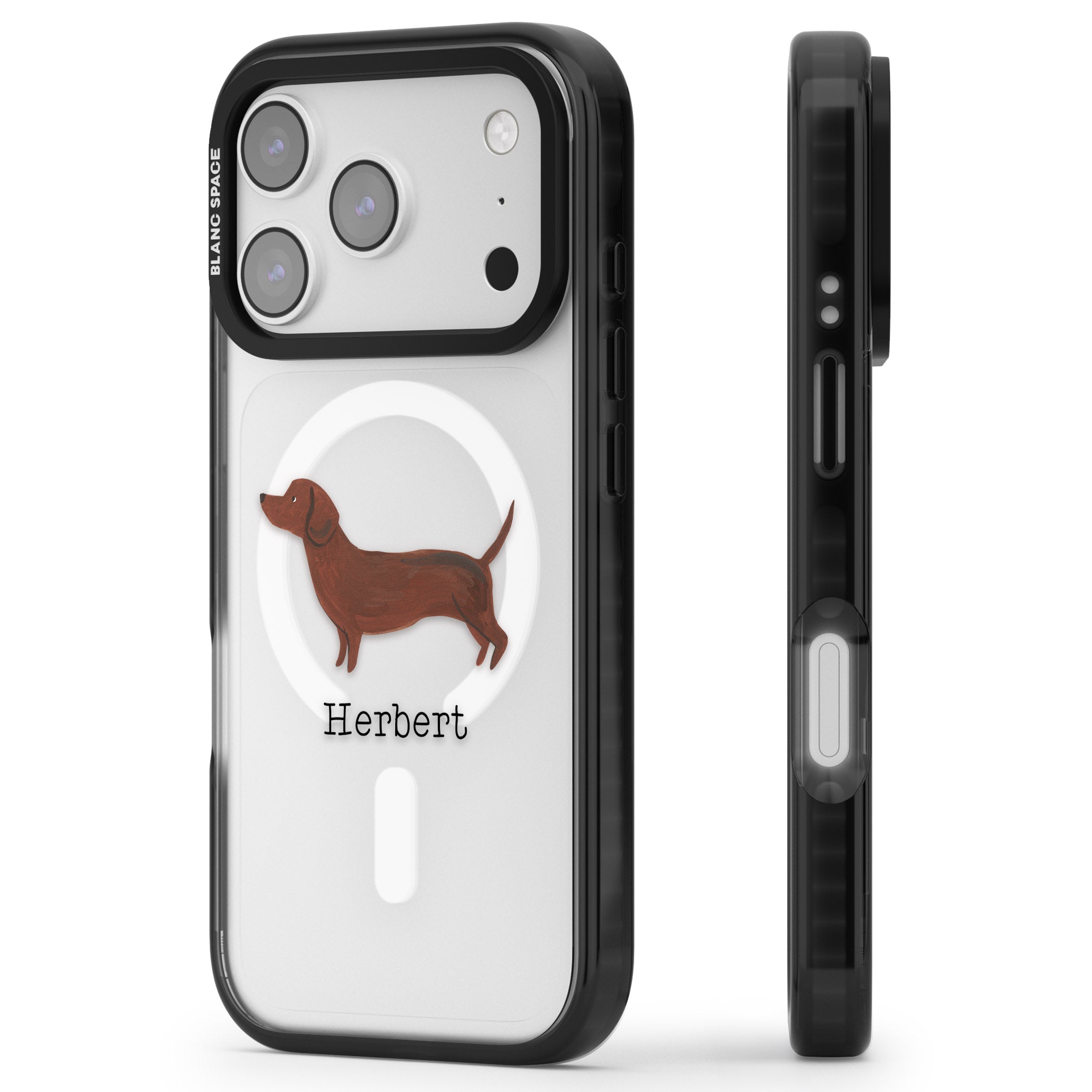 Personalised Sausage Dog iPhone 17 Pro Impact Pro Black Phone Case Side Profile