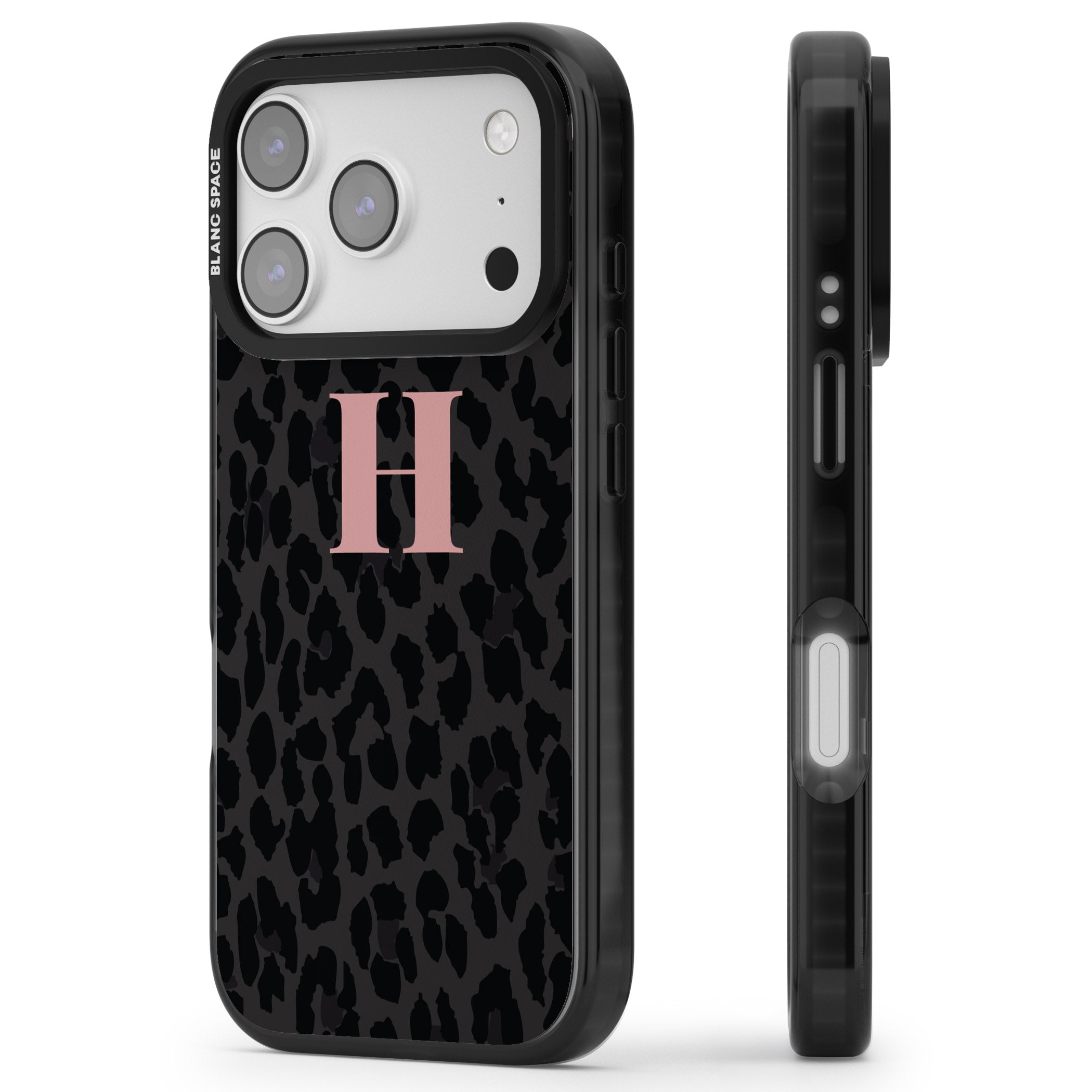 Personalised Pink Leopard Monogram iPhone 17 Pro Impact Pro Black Phone Case Side Profile