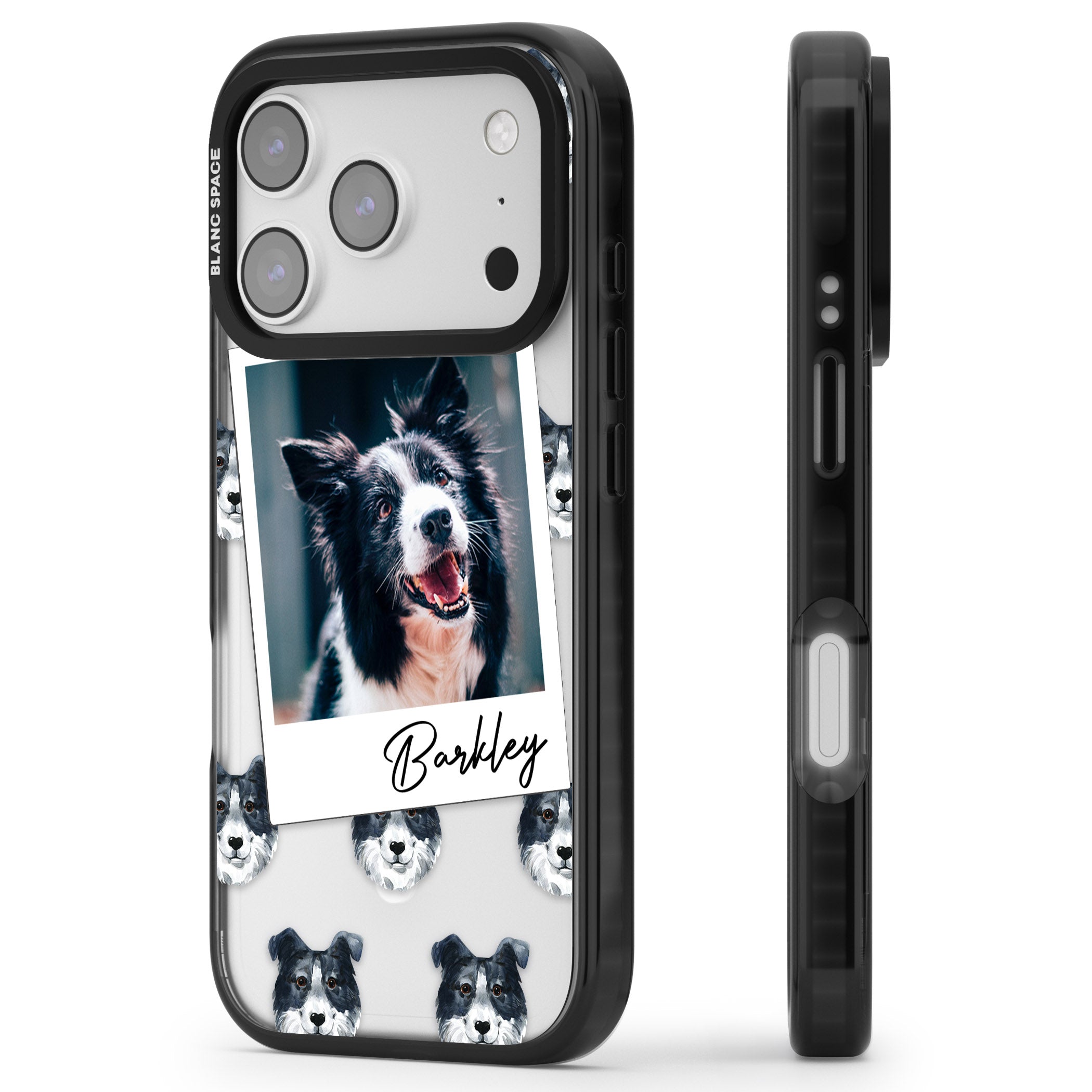 Personalised Border Collie Instant Camera Photo iPhone 17 Pro Impact Pro Black Phone Case Side Profile