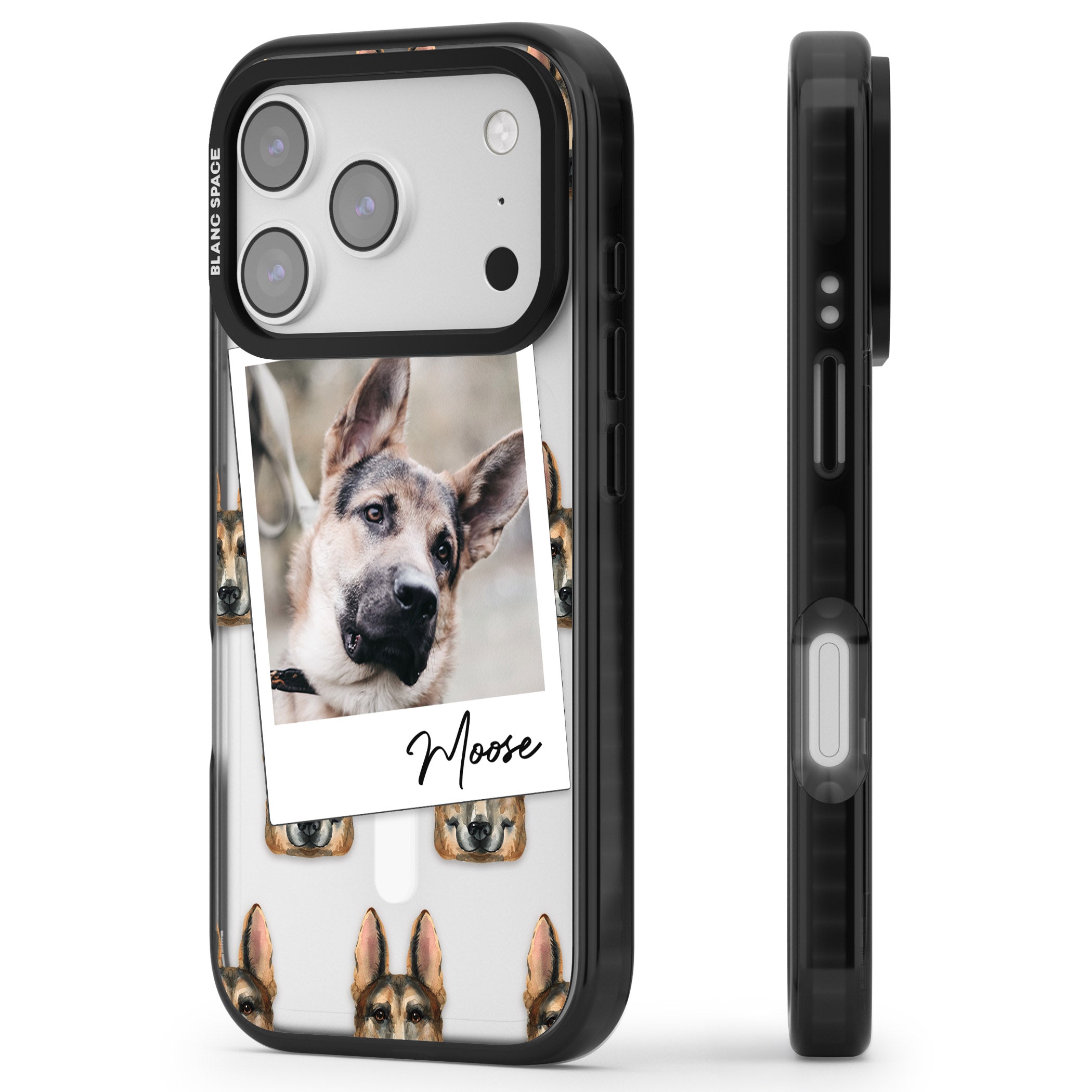 Personalised German Shepherd Instant Camera Photo iPhone 17 Pro Impact Pro Black Phone Case Side Profile