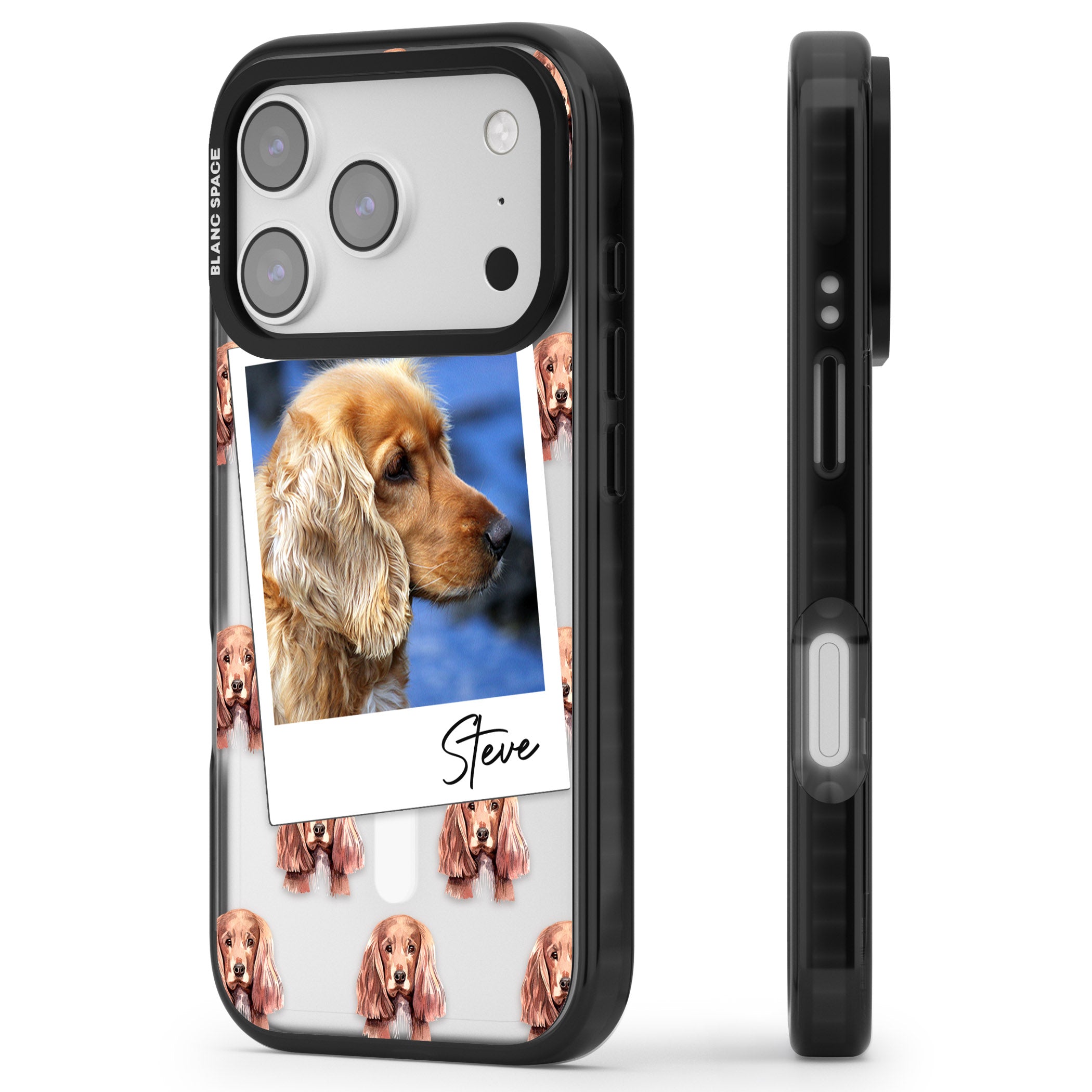 Personalised Cocker Spaniel Instant Camera Photo iPhone 17 Pro Impact Pro Black Phone Case Side Profile