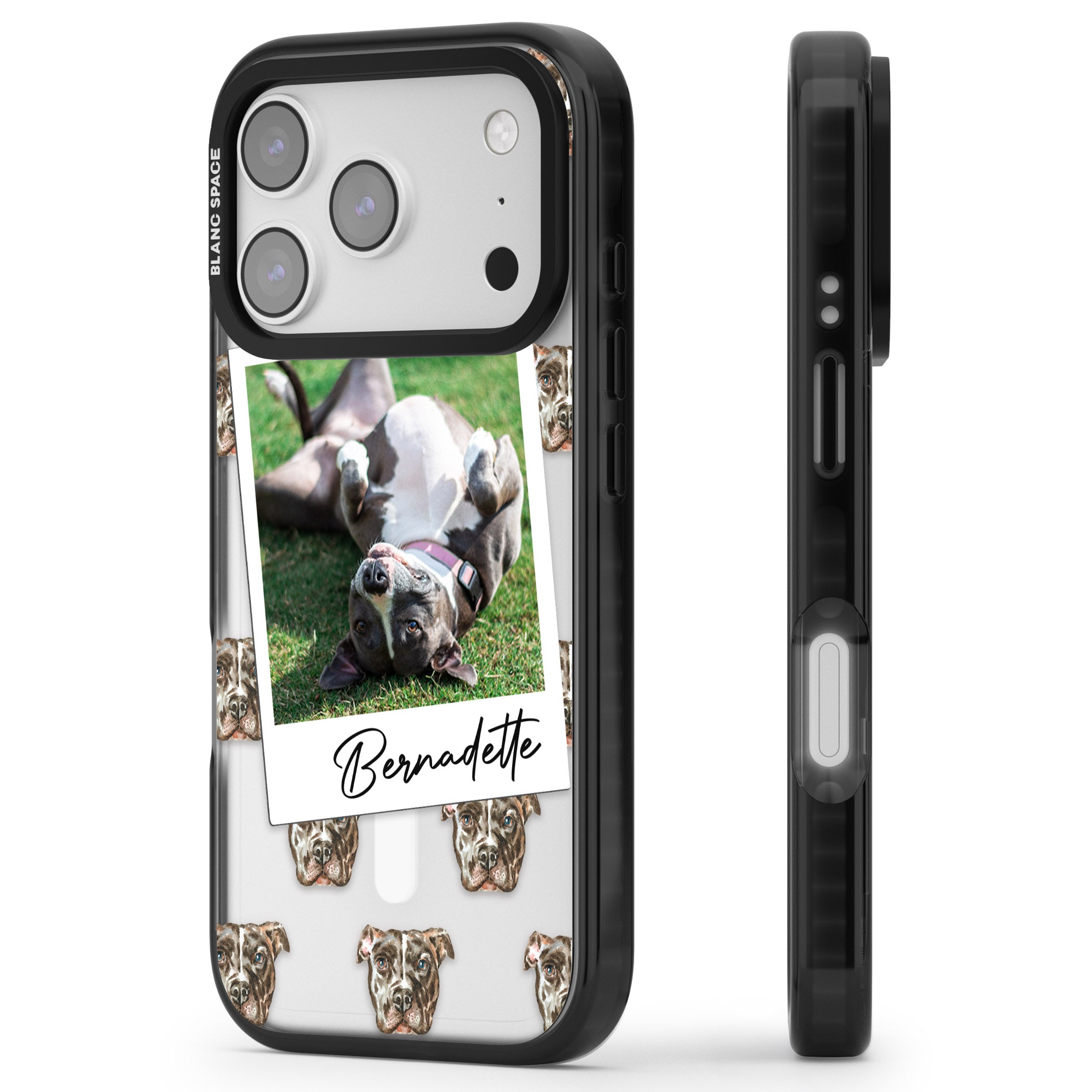Personalised Staffordshire Bull Terrier Instant Camera Photo iPhone 17 Pro Impact Pro Black Phone Case Side Profile
