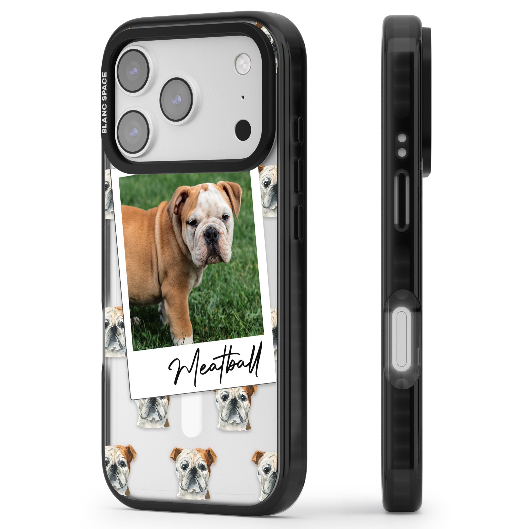 Personalised English Bulldog Instant Camera Photo iPhone 17 Pro Impact Pro Black Phone Case Side Profile