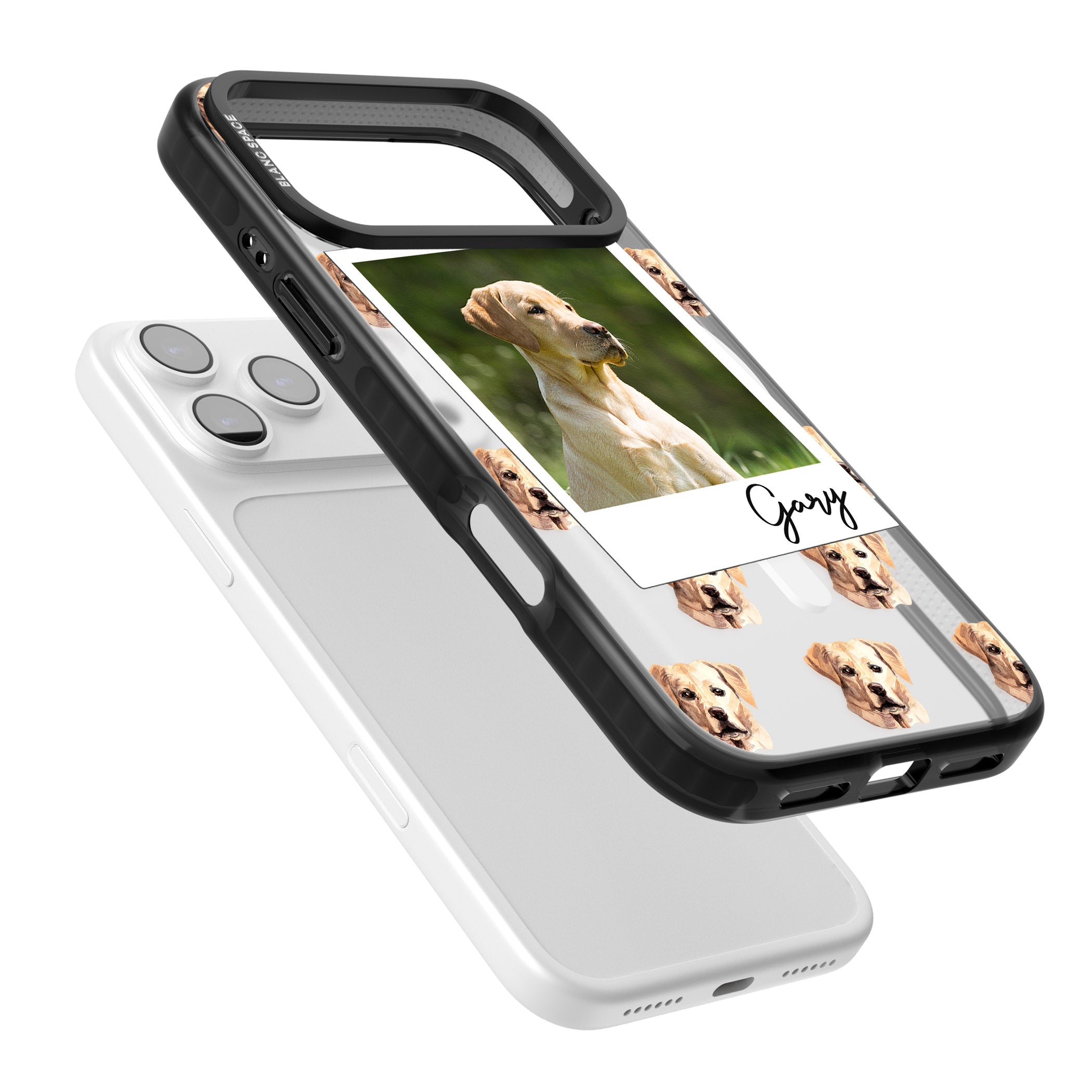 Personalised Tan Black Labrador Instant Camera Photo iPhone 17 Pro Impact Pro Black Phone Case Colours