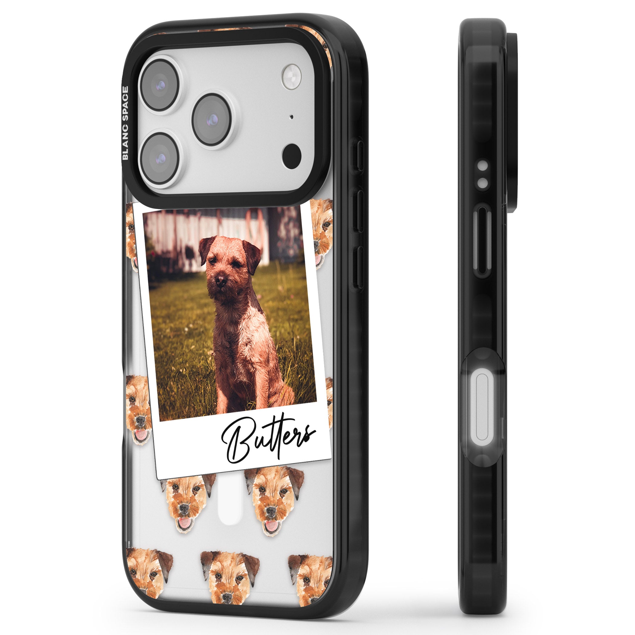 Personalised Border Terrier Instant Camera Photo iPhone 17 Pro Impact Pro Black Phone Case Side Profile