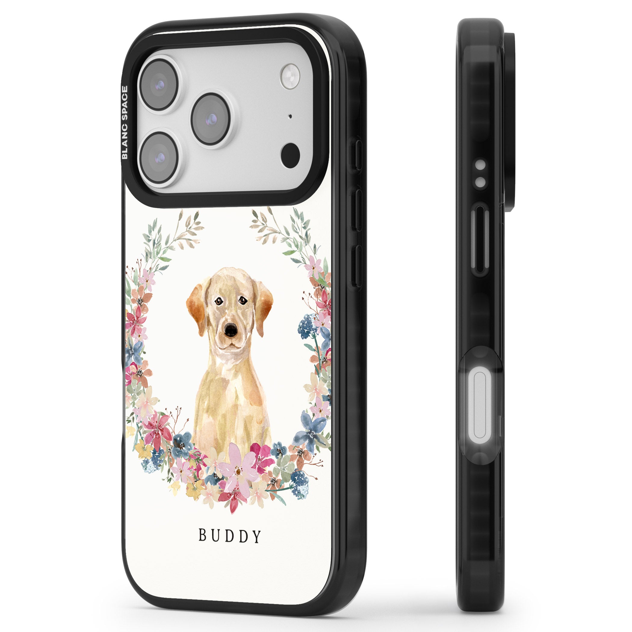 Personalised Yellow Labrador Retriever Floral Portrait iPhone 17 Pro Impact Pro Black Phone Case Side Profile