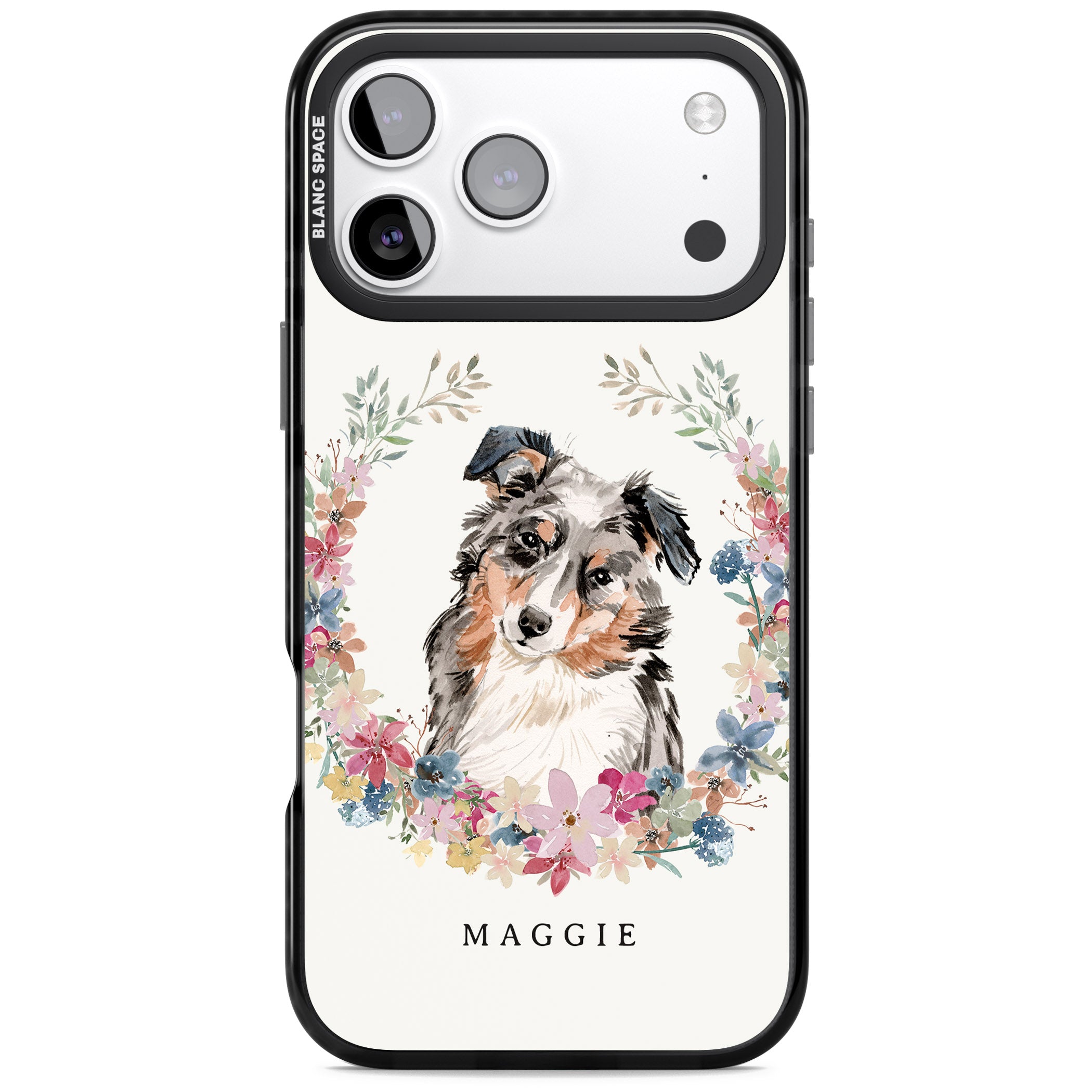 Personalised Australian Shepherd Floral Portrait iPhone 17 Pro Impact Pro Black Phone Case