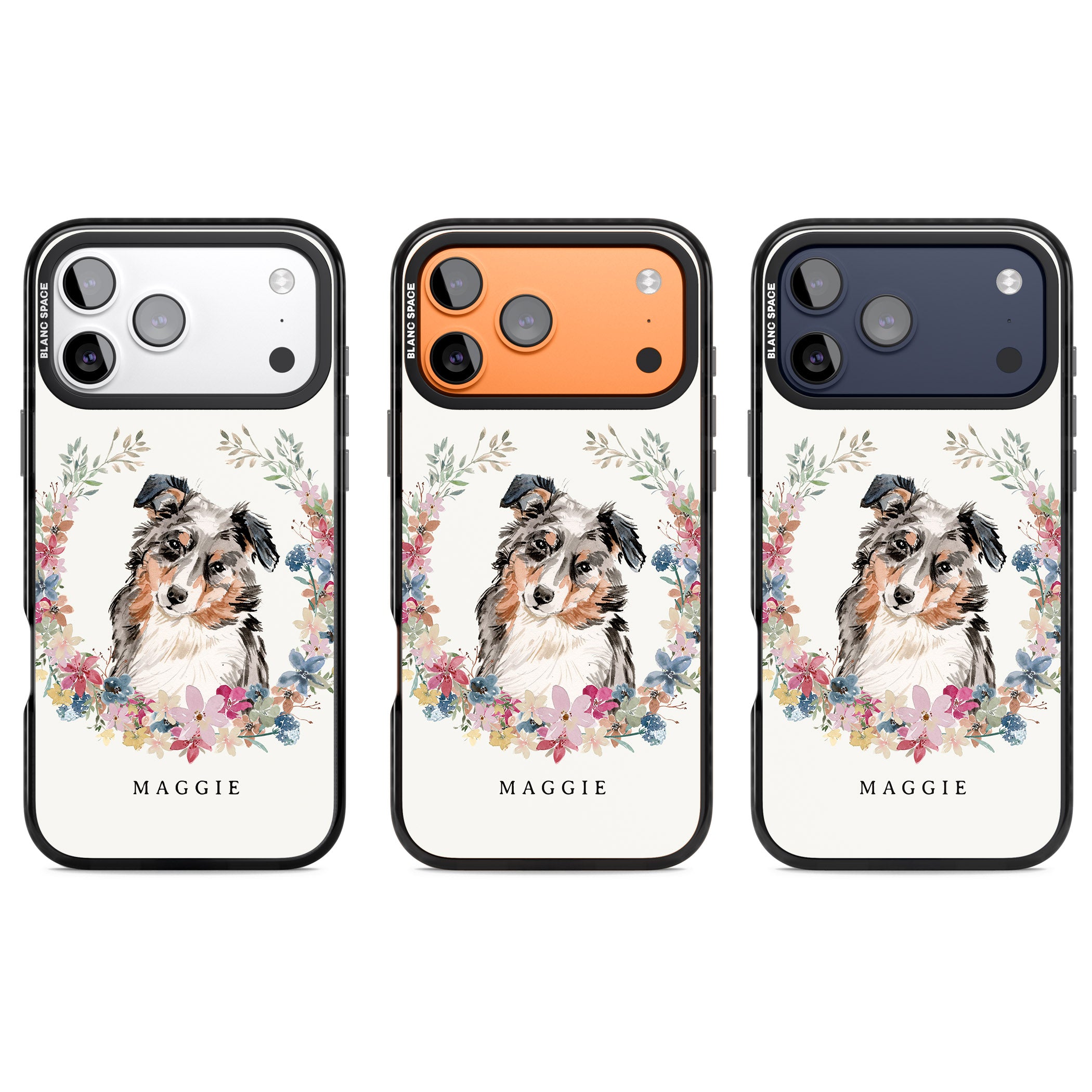 Personalised Australian Shepherd Floral Portrait iPhone 17 Pro Impact Pro Black Phone Case APT Impact Protection