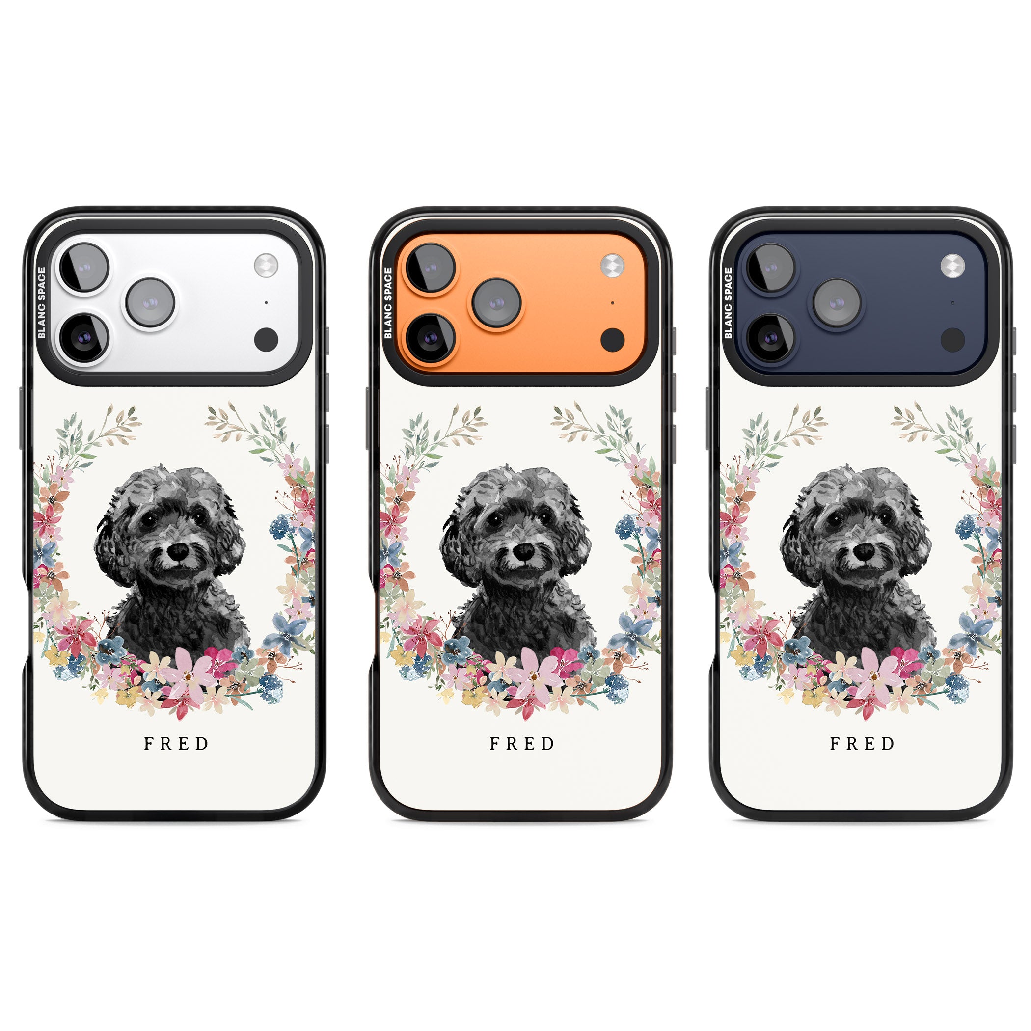 Personalised Black Cockapoo Floral Portrait iPhone 17 Pro Impact Pro Black Phone Case APT Impact Protection