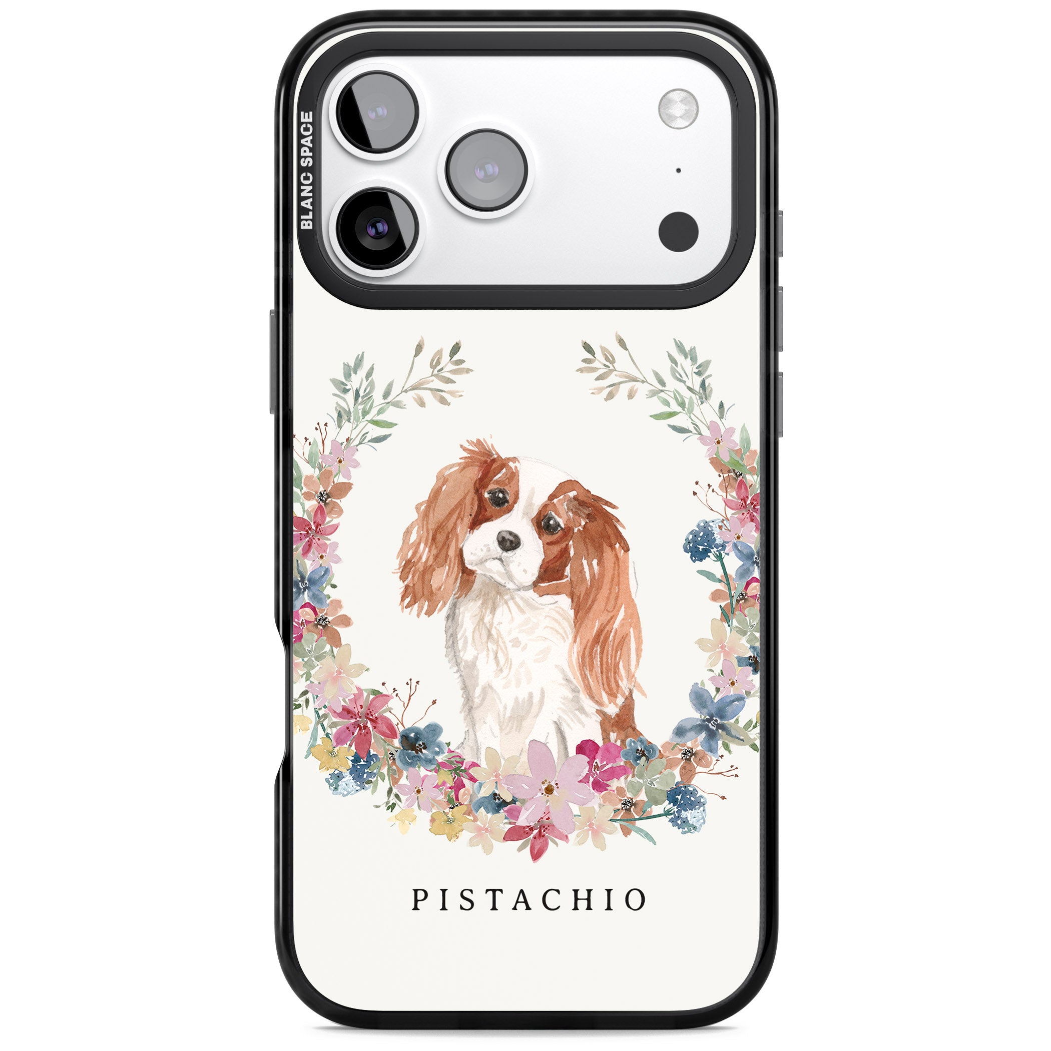Personalised Cavalier King Charles Floral Portrait iPhone 17 Pro Impact Pro Black Phone Case