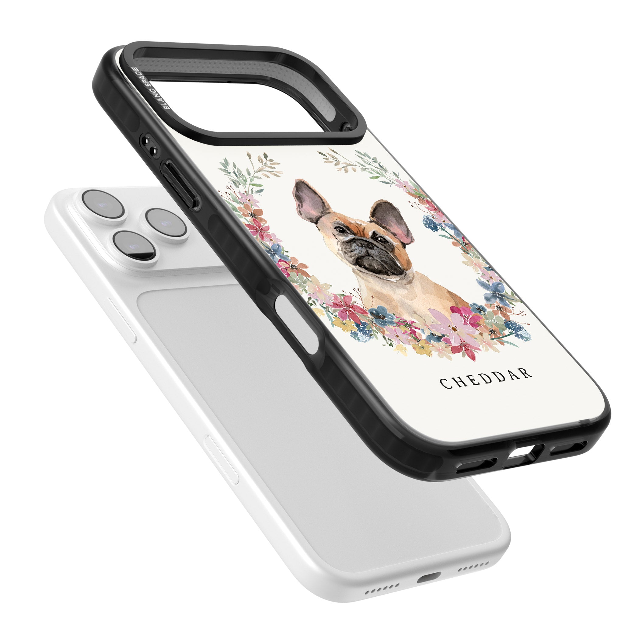 Personalised Tan French Bulldog Floral Portrait iPhone 17 Pro Impact Pro Black Phone Case Colours