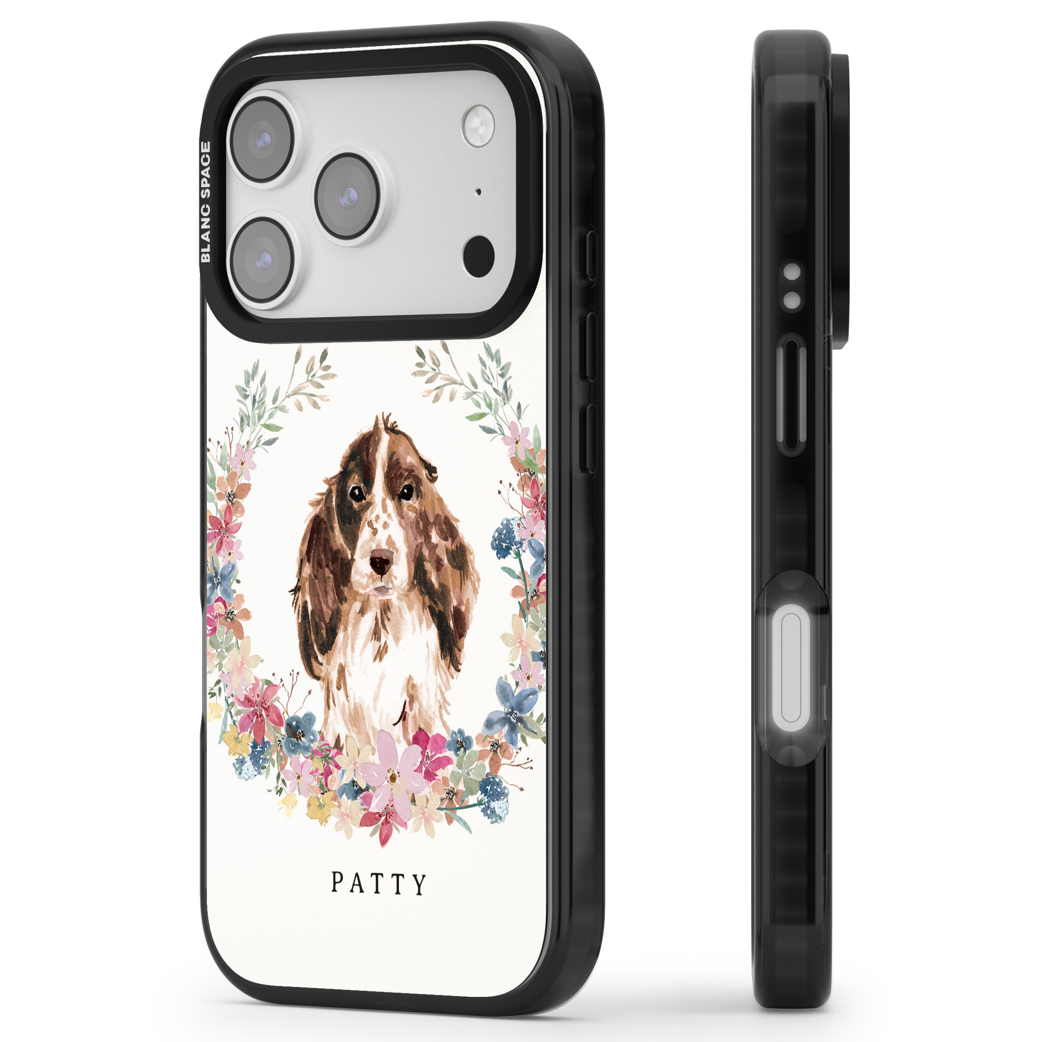 Personalised Cocker Spaniel Floral Portrait iPhone 17 Pro Impact Pro Black Phone Case Side Profile