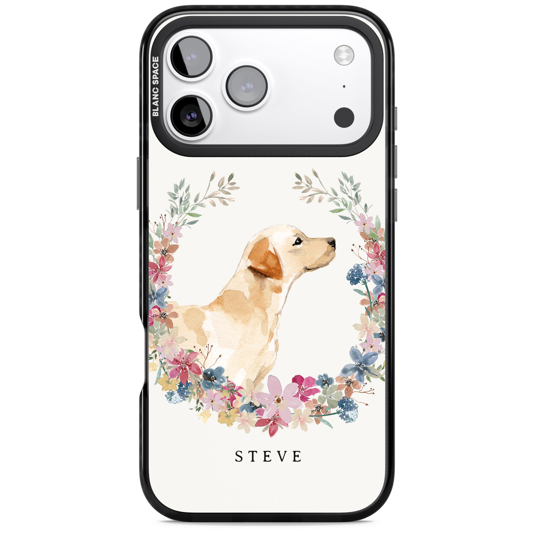 Personalised Yellow Labrador Floral Portrait iPhone 17 Pro Impact Pro Black Phone Case
