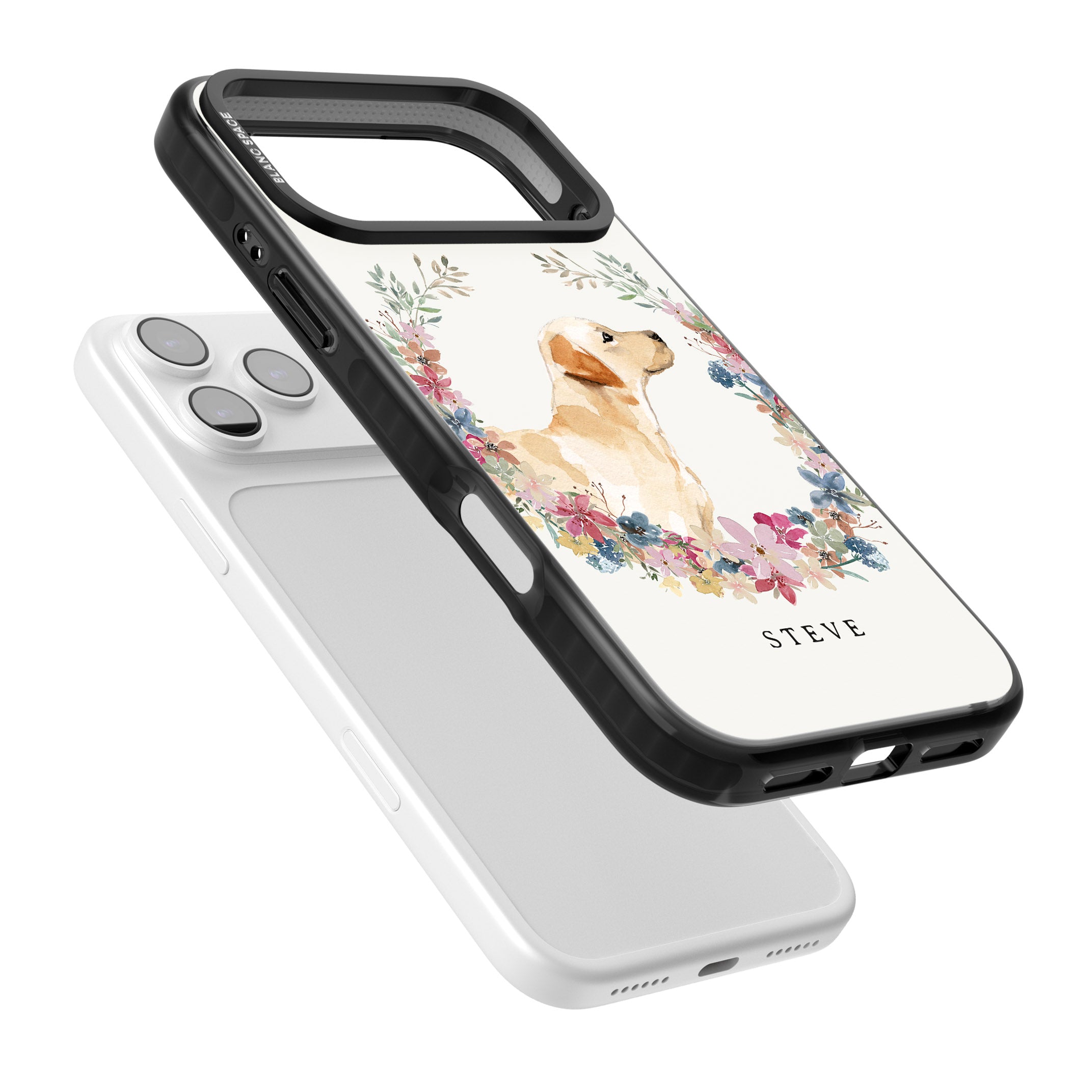 Personalised Yellow Labrador Floral Portrait iPhone 17 Pro Impact Pro Black Phone Case Colours