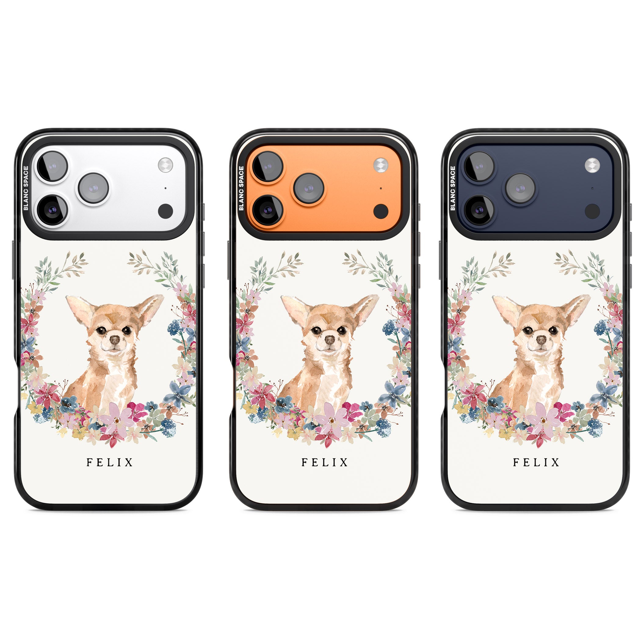 Personalised Chihuahua Floral Portrait iPhone 17 Pro Impact Pro Black Phone Case APT Impact Protection