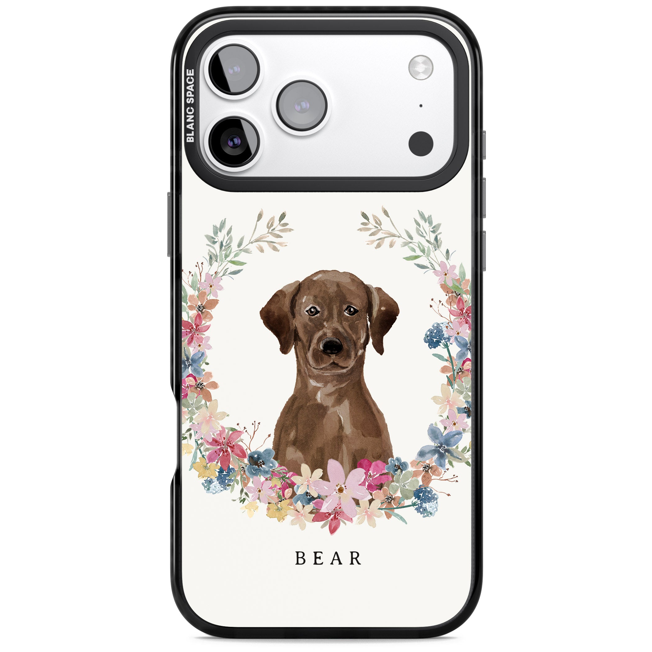 Personalised Chocolate Labrador Floral Portrait iPhone 17 Pro Impact Pro Black Phone Case