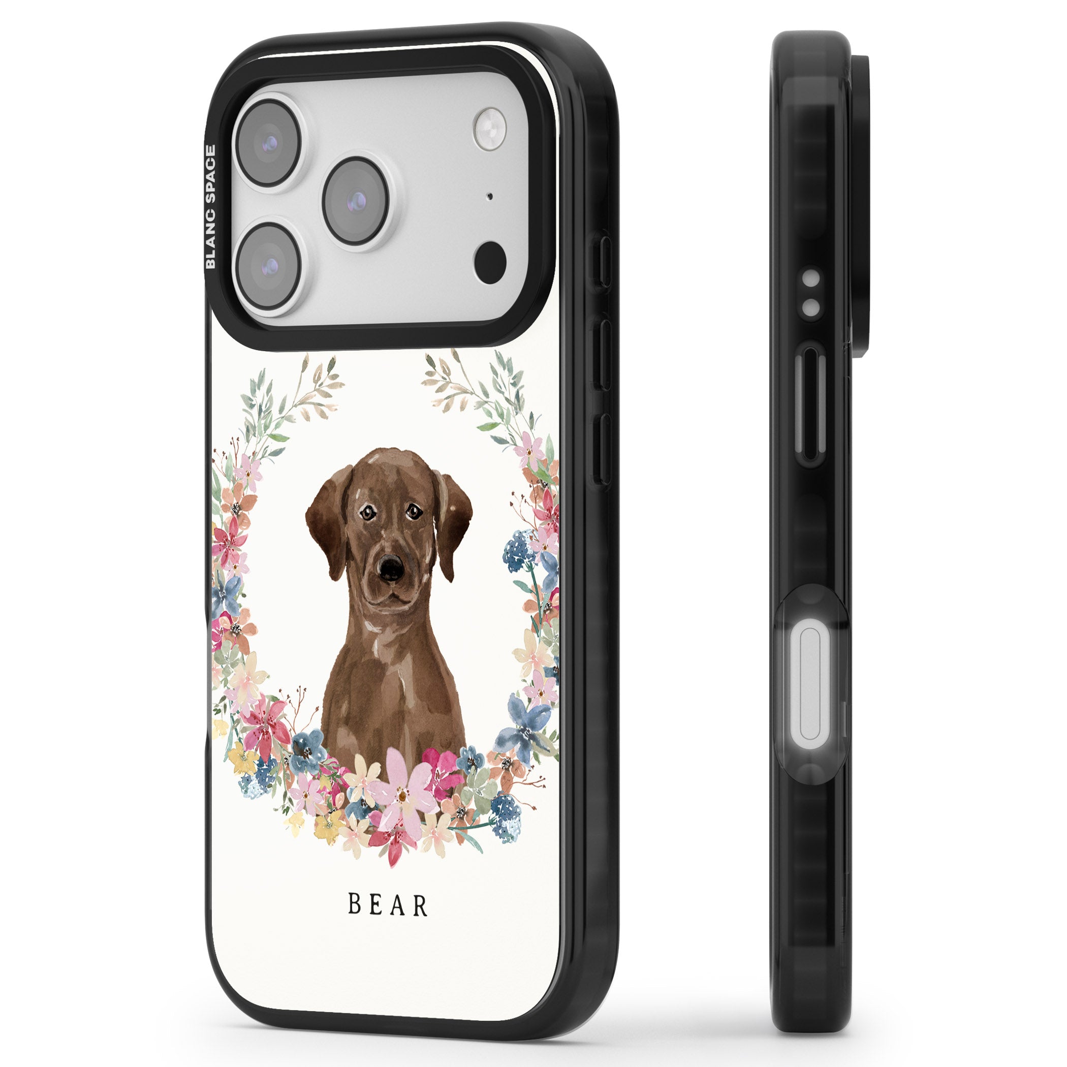 Personalised Chocolate Labrador Floral Portrait iPhone 17 Pro Impact Pro Black Phone Case Side Profile