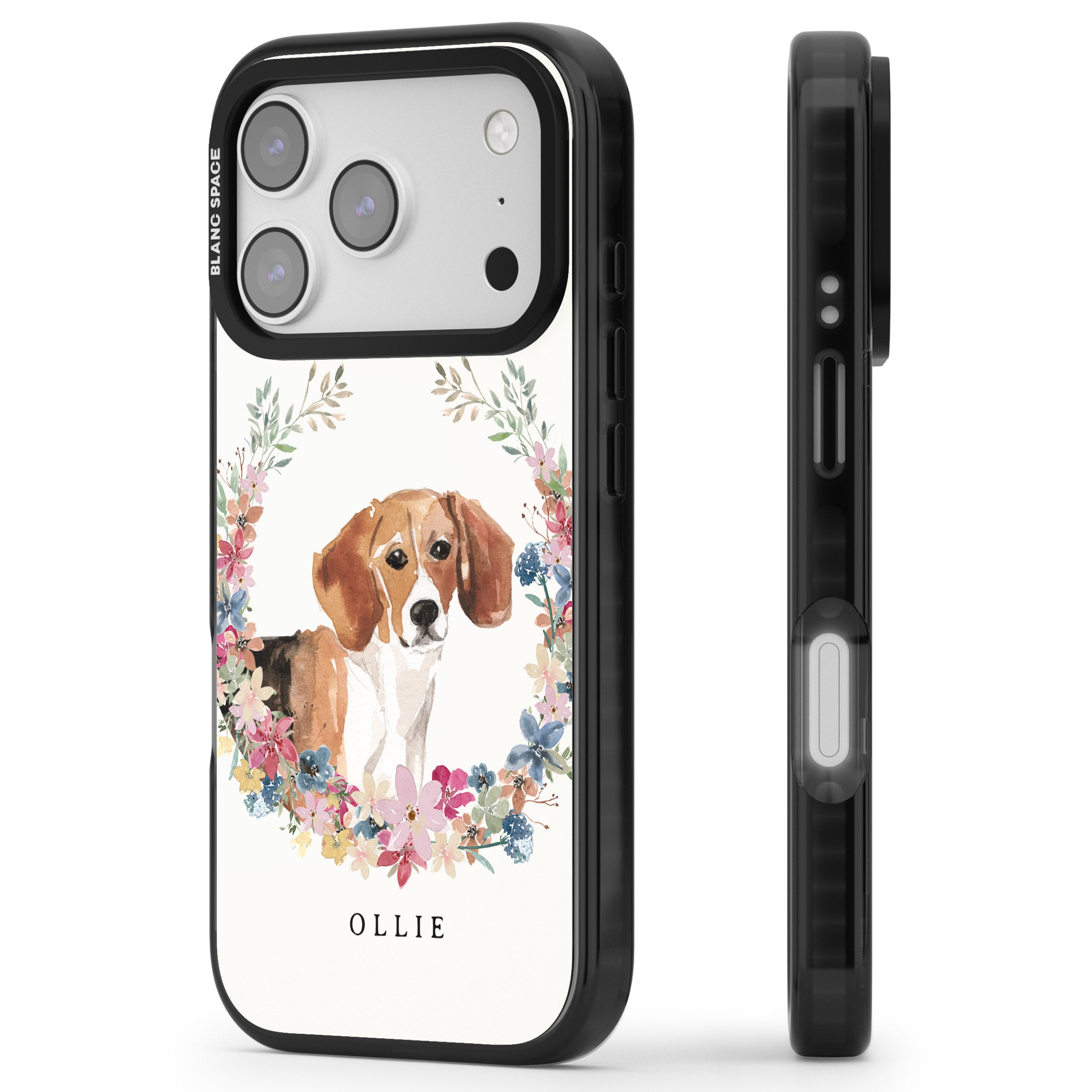 Personalised Beagle Floral Portrait iPhone 17 Pro Impact Pro Black Phone Case Side Profile