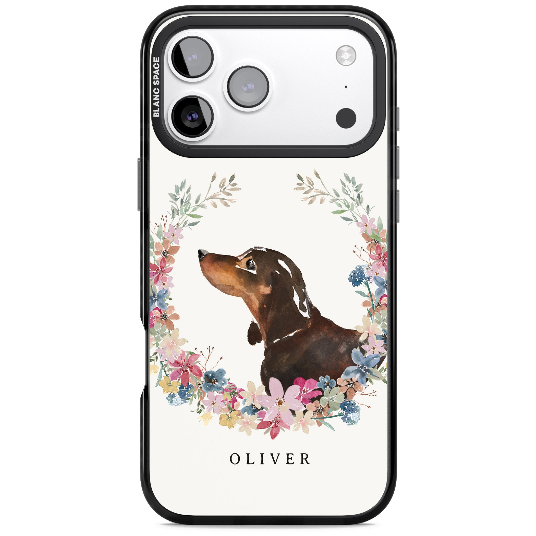 Personalised Black & Tan Dachshund Floral Portrait iPhone 17 Pro Impact Pro Black Phone Case