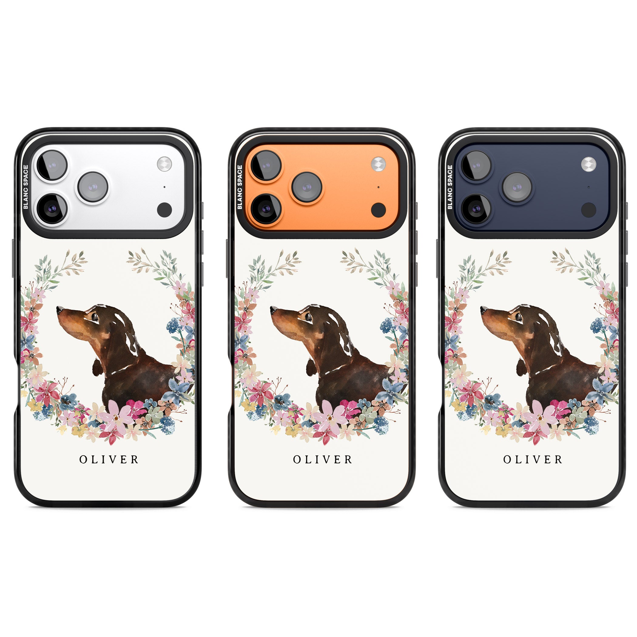Personalised Black & Tan Dachshund Floral Portrait iPhone 17 Pro Impact Pro Black Phone Case APT Impact Protection