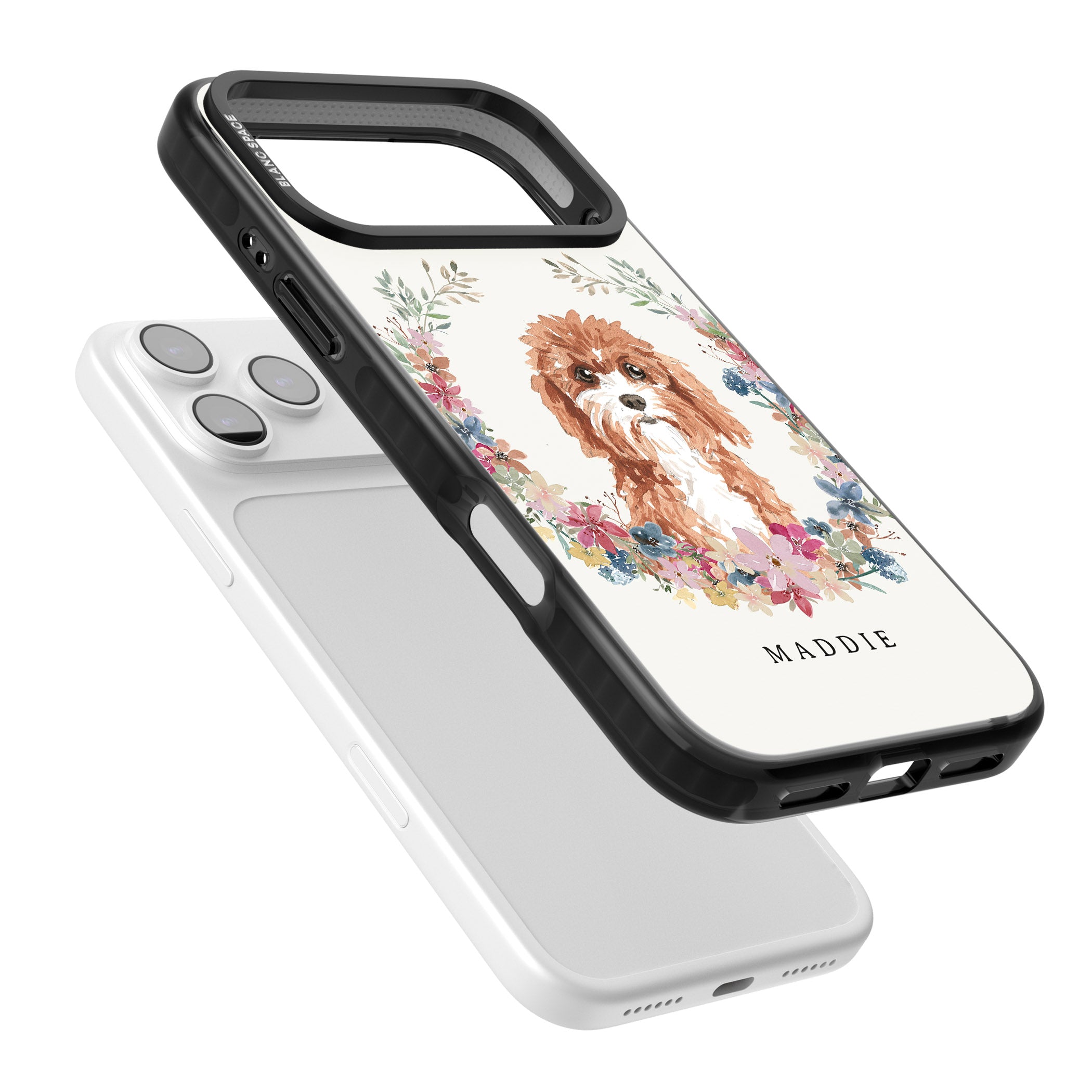 Personalised Cavapoo Floral Portrait iPhone 17 Pro Impact Pro Black Phone Case Colours