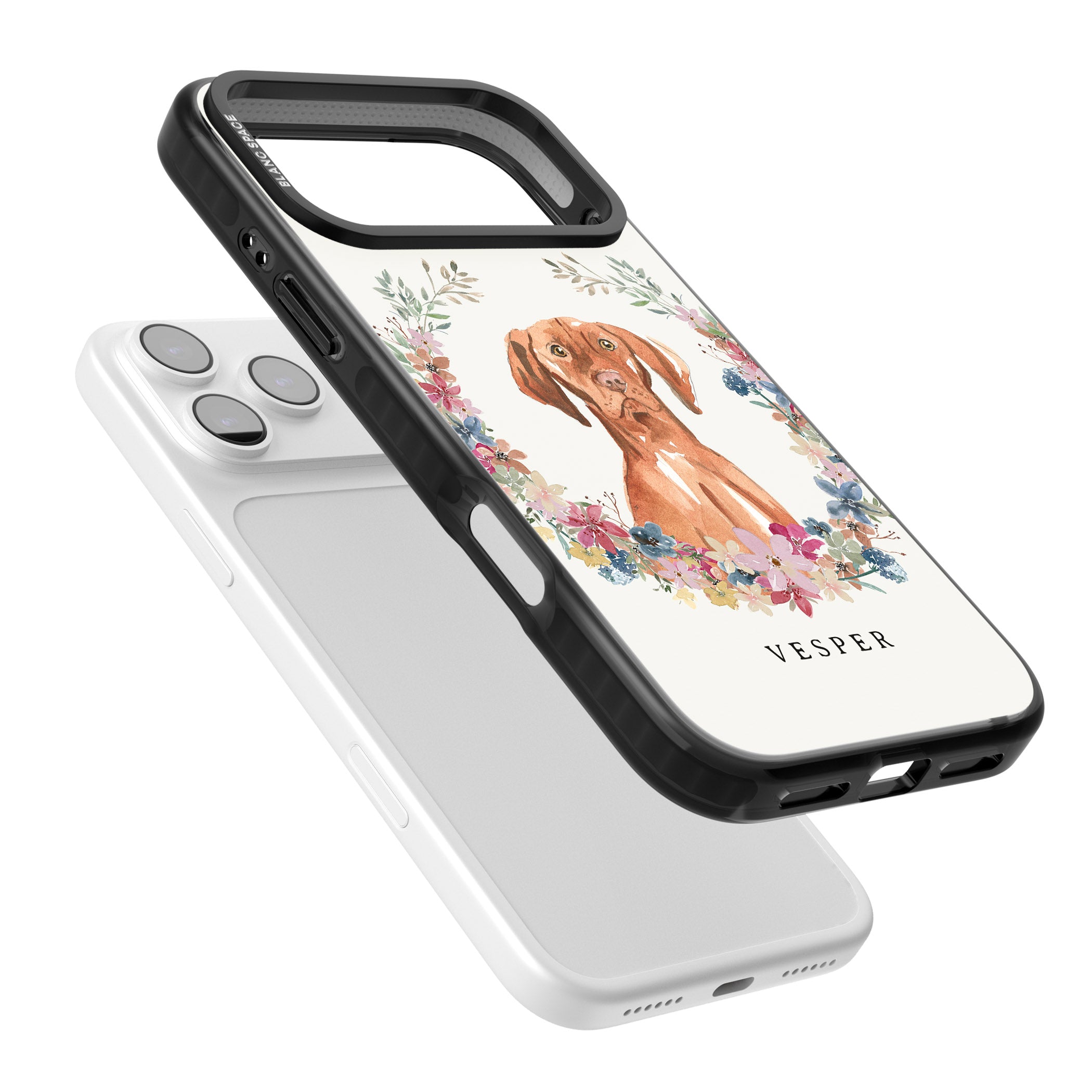 Personalised Hungarian Vizsla Floral Portrait iPhone 17 Pro Impact Pro Black Phone Case Colours