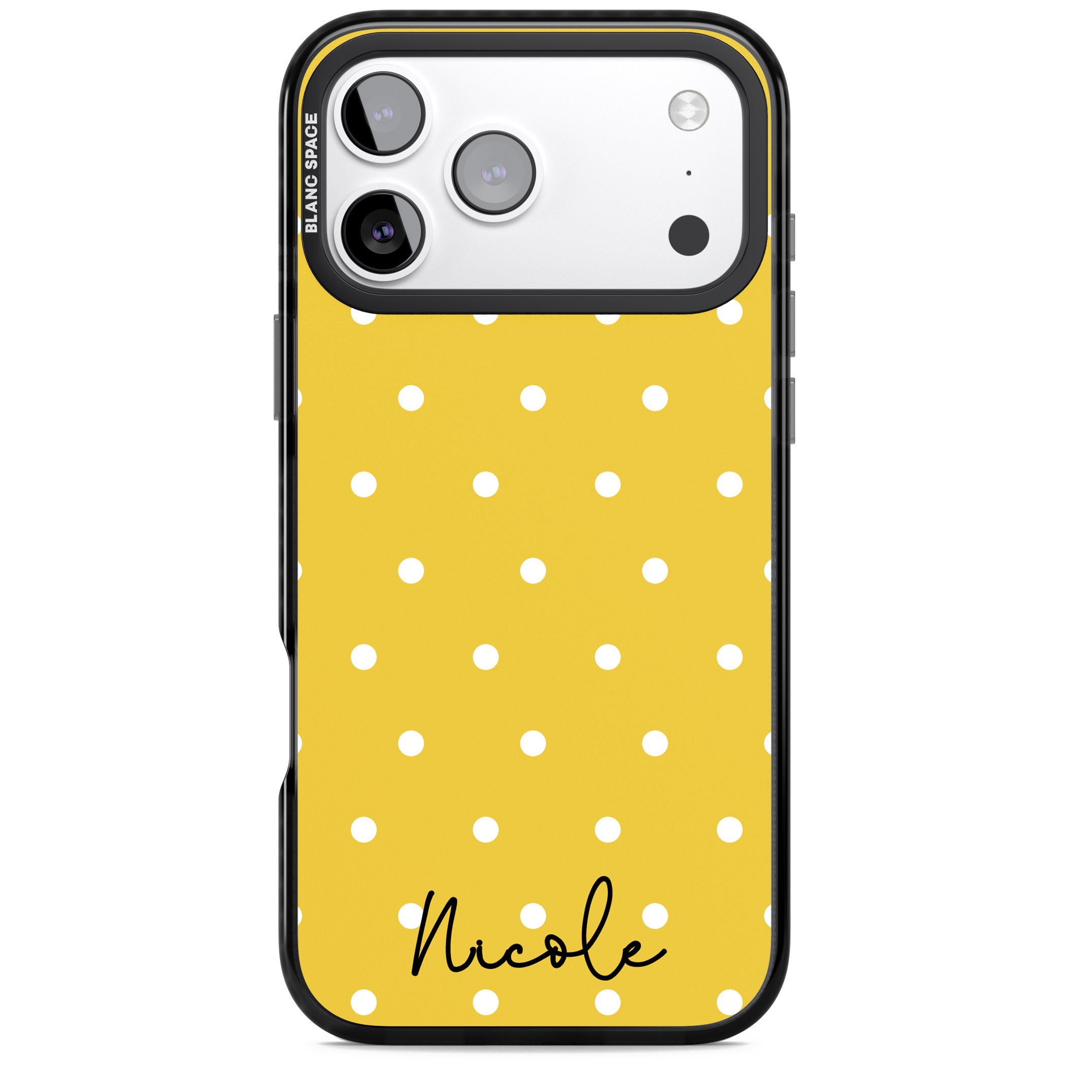 Personalised Yellow Polka Dot iPhone 17 Pro Impact Pro Black Phone Case