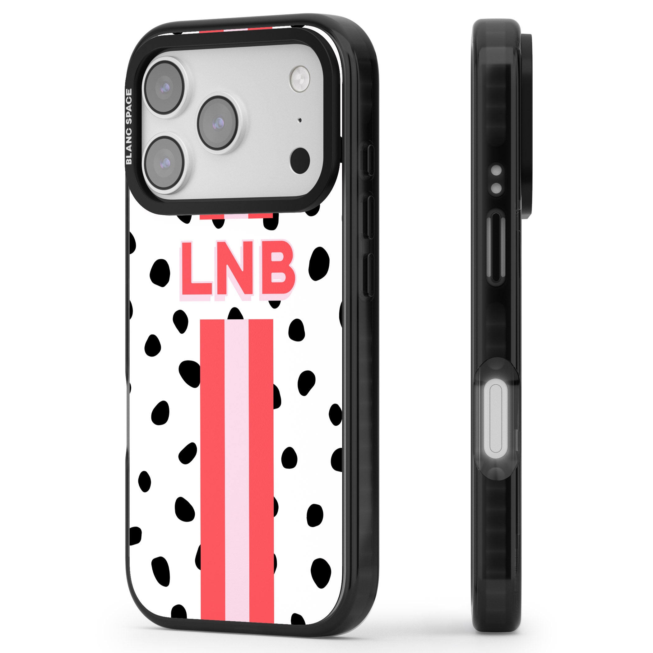 Personalised Polka & Pink Stripe iPhone 17 Pro Impact Pro Black Phone Case Side Profile