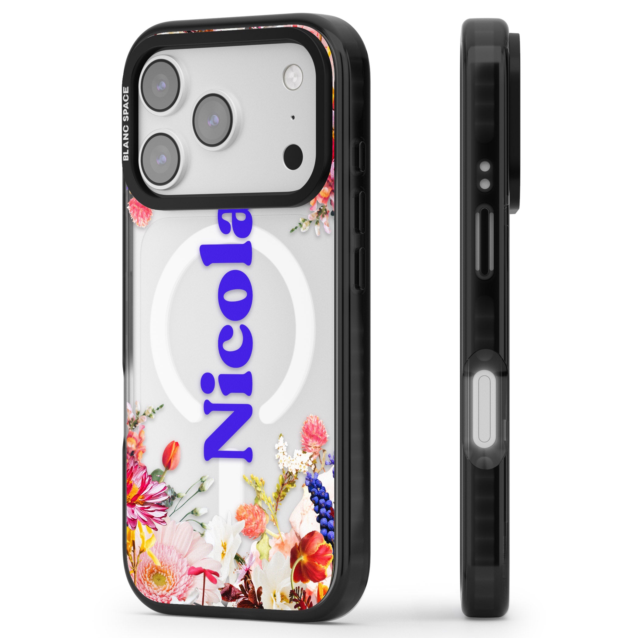 Personalised Floral Name iPhone 17 Pro Impact Pro Black Phone Case Side Profile