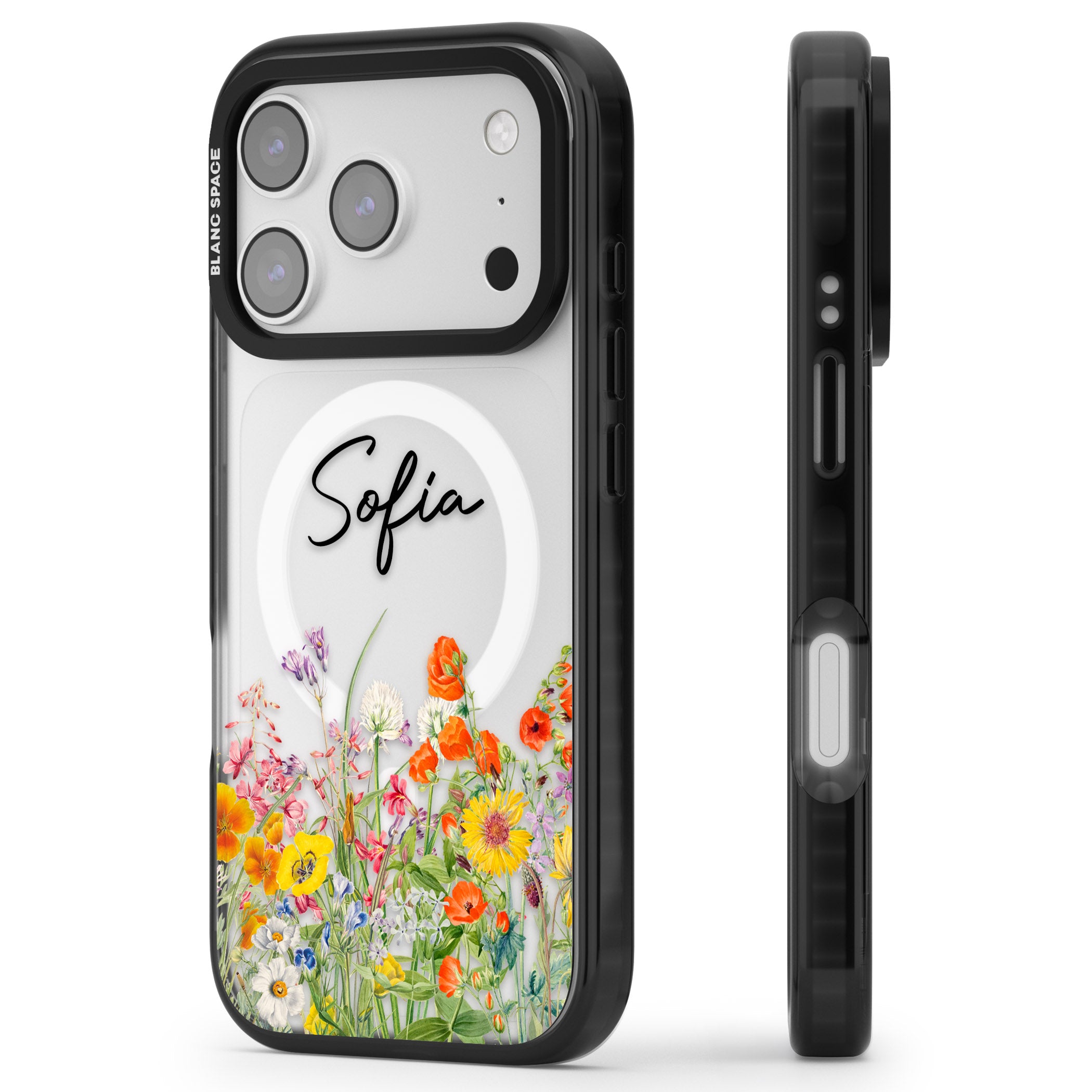 Personalised Summer Wildflowers iPhone 17 Pro Impact Pro Black Phone Case Side Profile