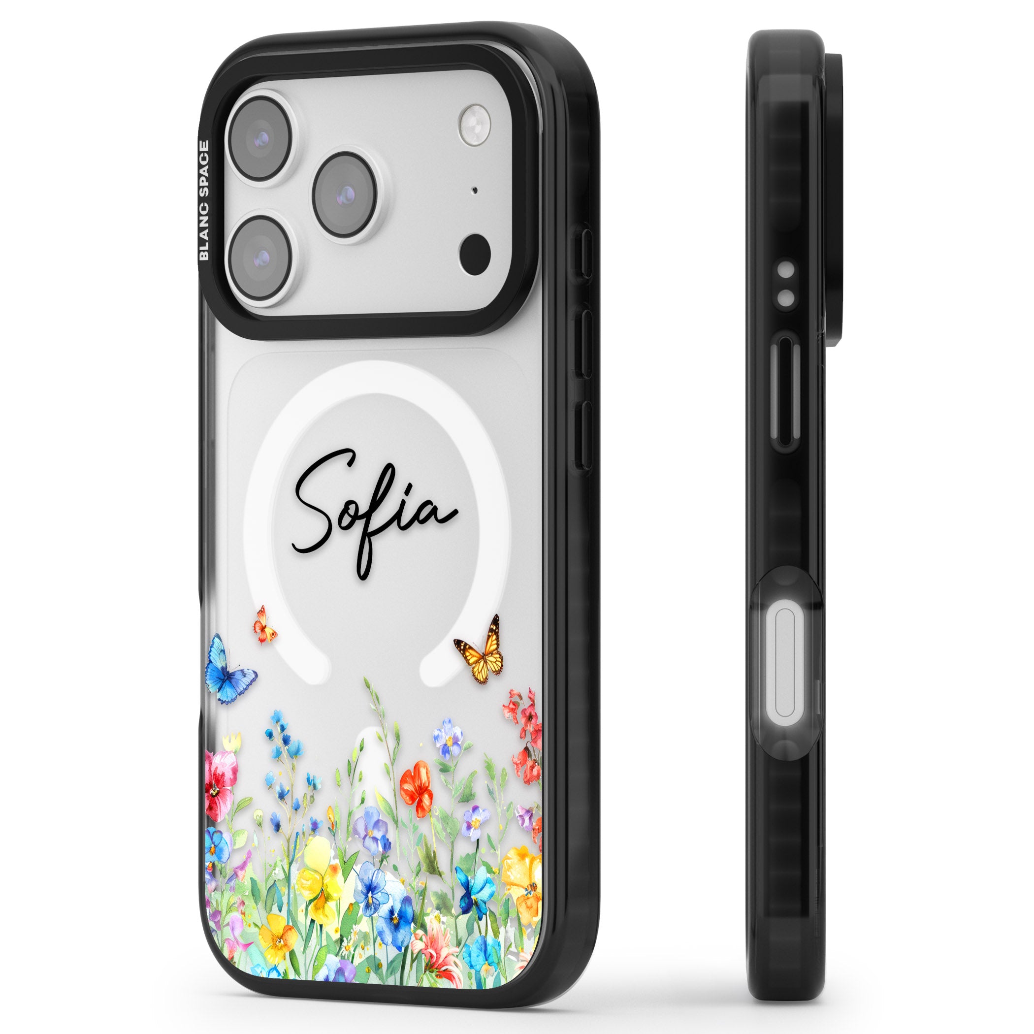 Personalised Buterflies Wildflowers iPhone 17 Pro Impact Pro Black Phone Case Side Profile