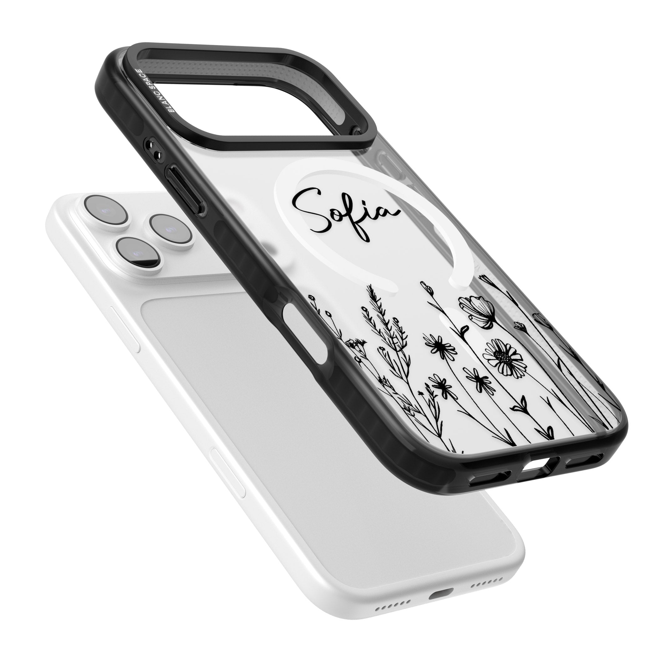 Personalised Black Wildflowers iPhone 17 Pro Impact Pro Black Phone Case Colours