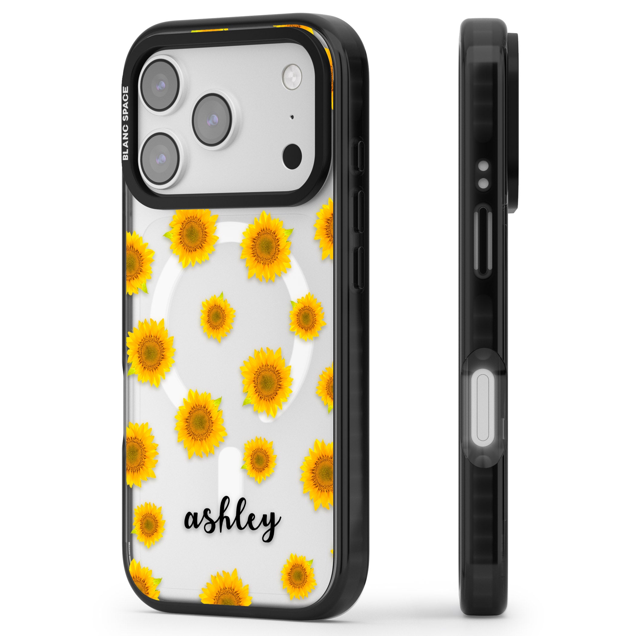 Personalised Sunflowers & Cursive iPhone 17 Pro Impact Pro Black Phone Case Side Profile