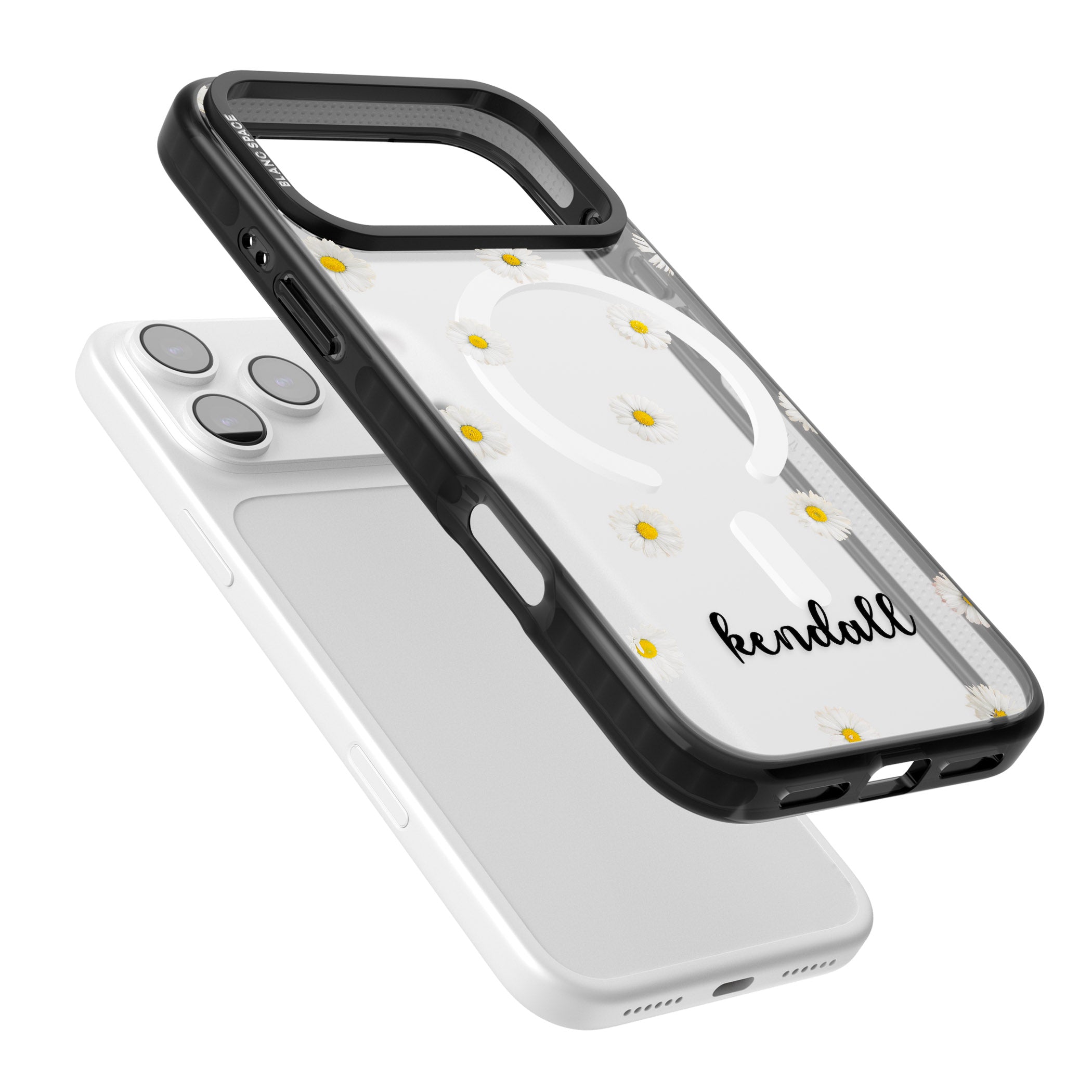 Personalised White Daisies & Cursive iPhone 17 Pro Impact Pro Black Phone Case Colours