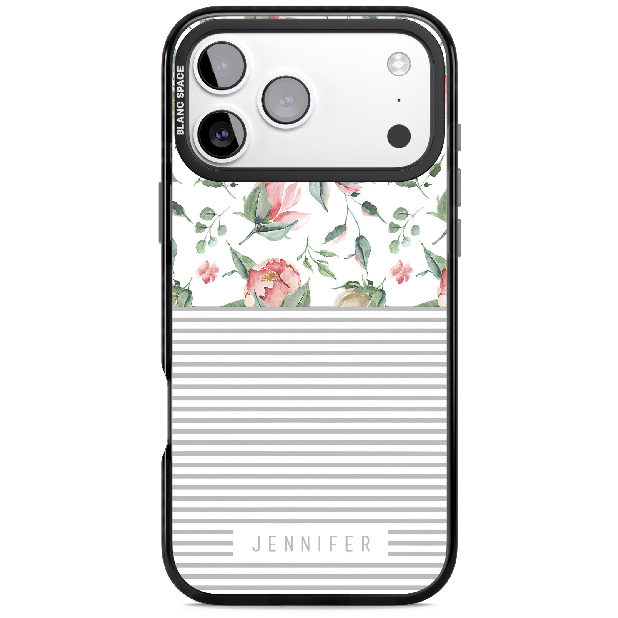 Personalised Light Floral Pattern & Stripes iPhone 17 Pro Impact Pro Black Phone Case