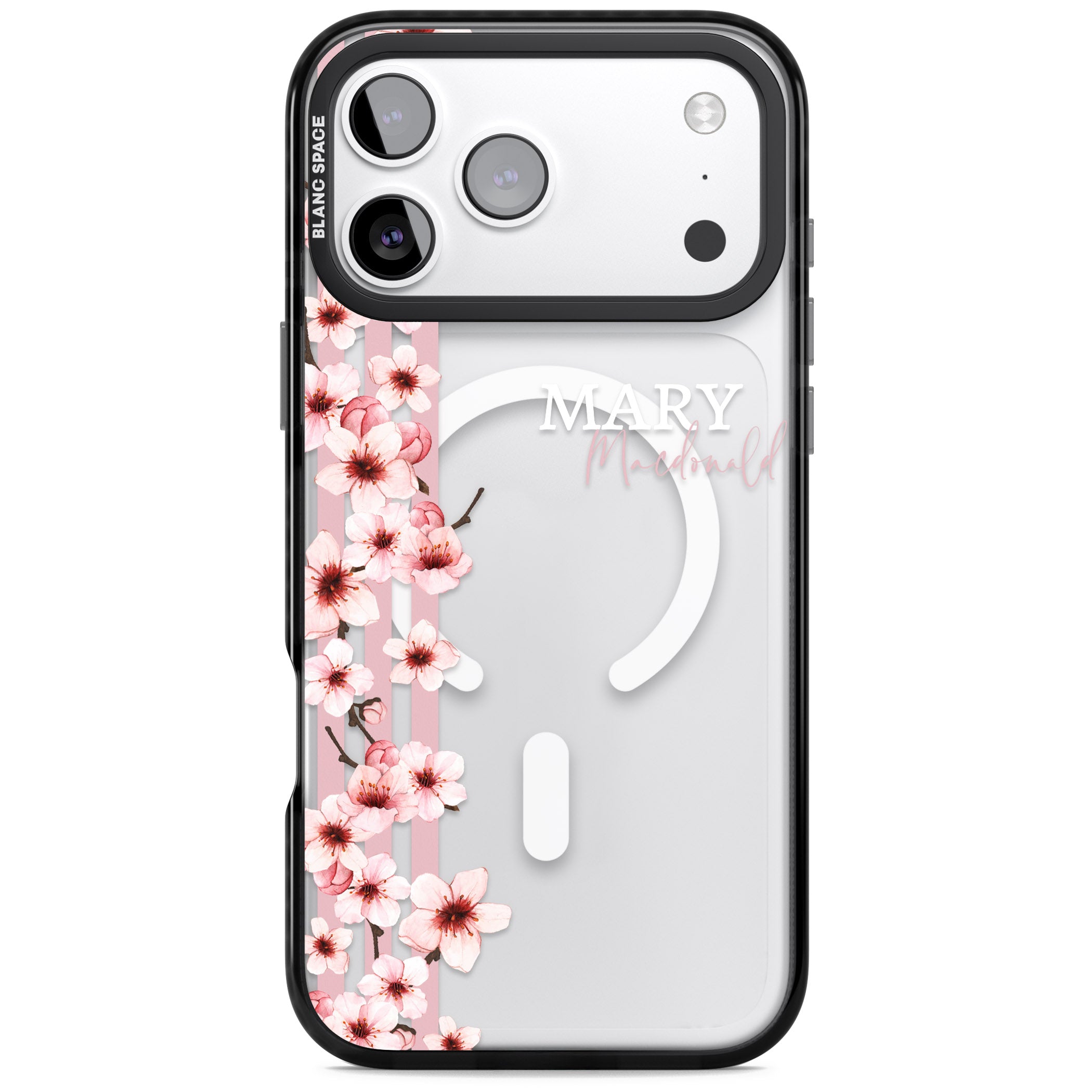 Personalised Cherry Blossom Stripes iPhone 17 Pro Impact Pro Black Phone Case