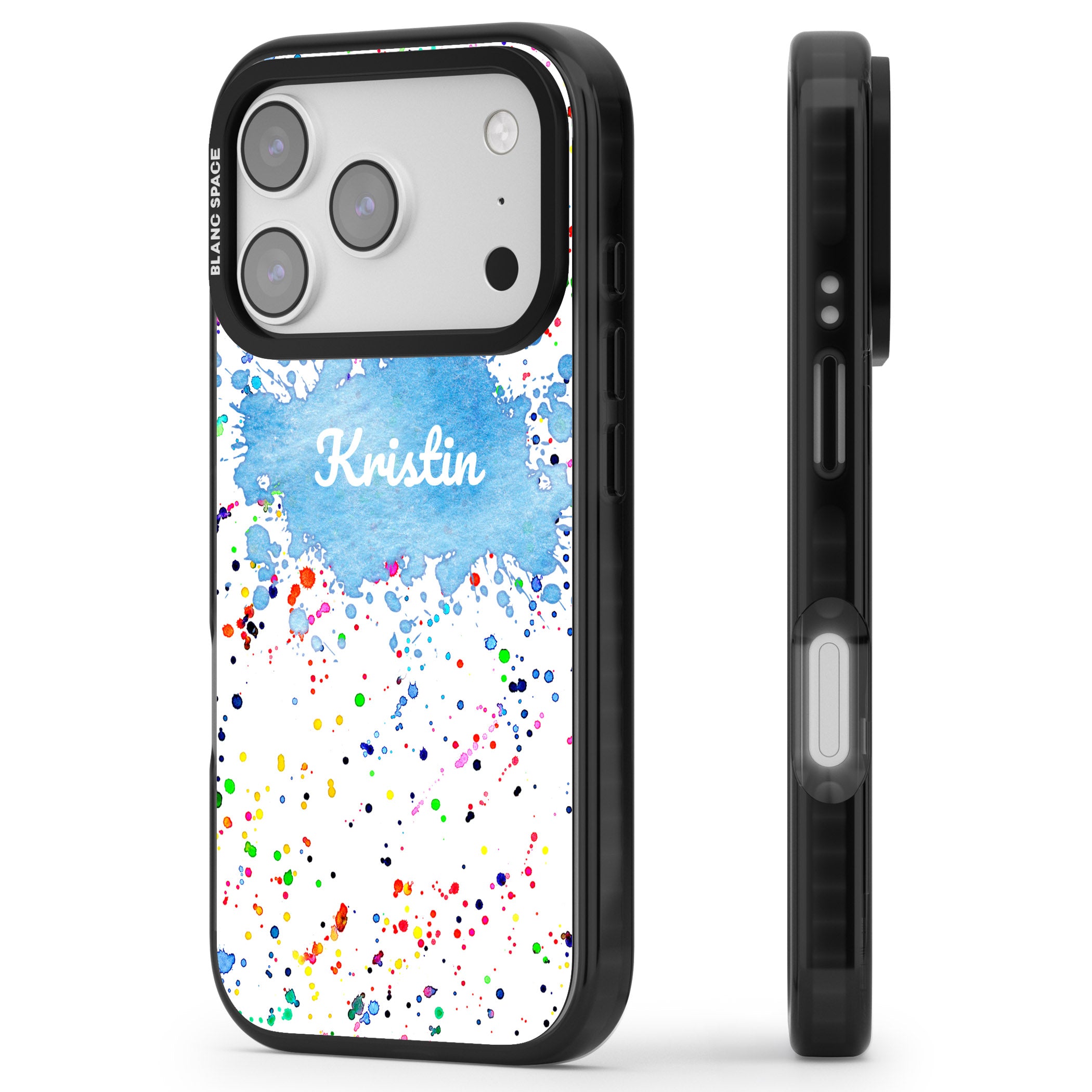 Personalised Rainbow Splatter Name iPhone 17 Pro Impact Pro Black Phone Case Side Profile