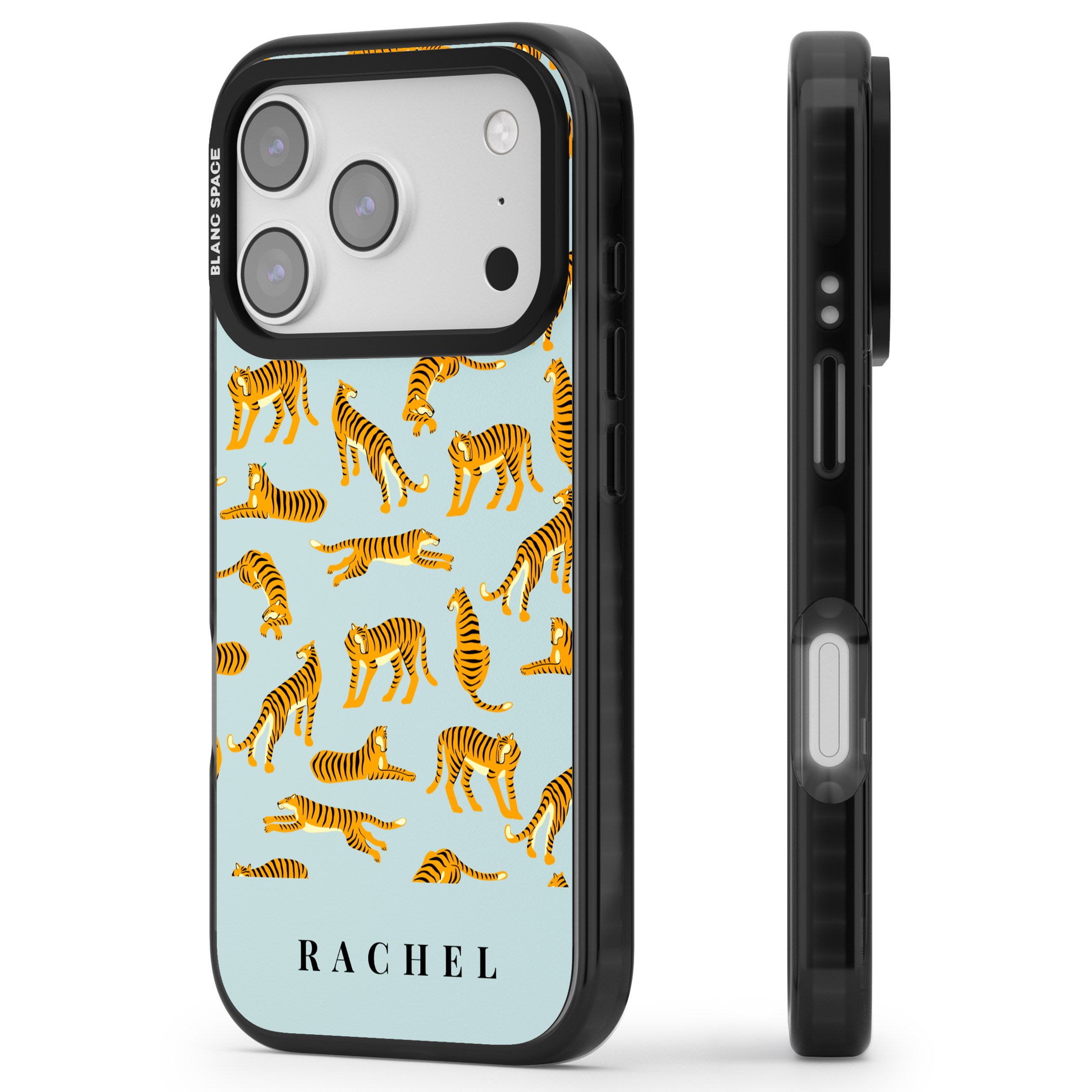 Personalised Turquoise Tiger Pattern iPhone 17 Pro Impact Pro Black Phone Case Side Profile