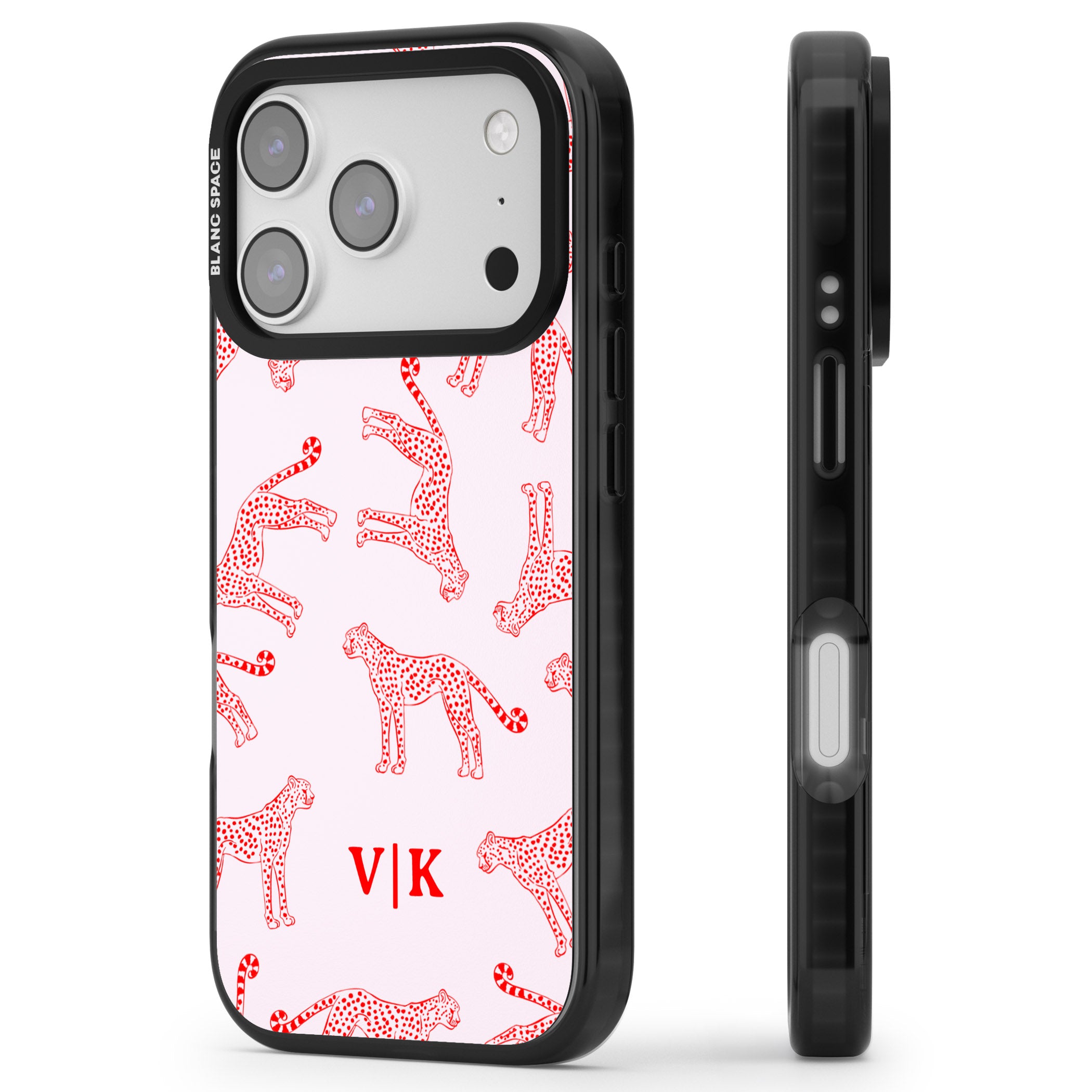 Personalised Red & Pink Cheetah iPhone 17 Pro Impact Pro Black Phone Case Side Profile