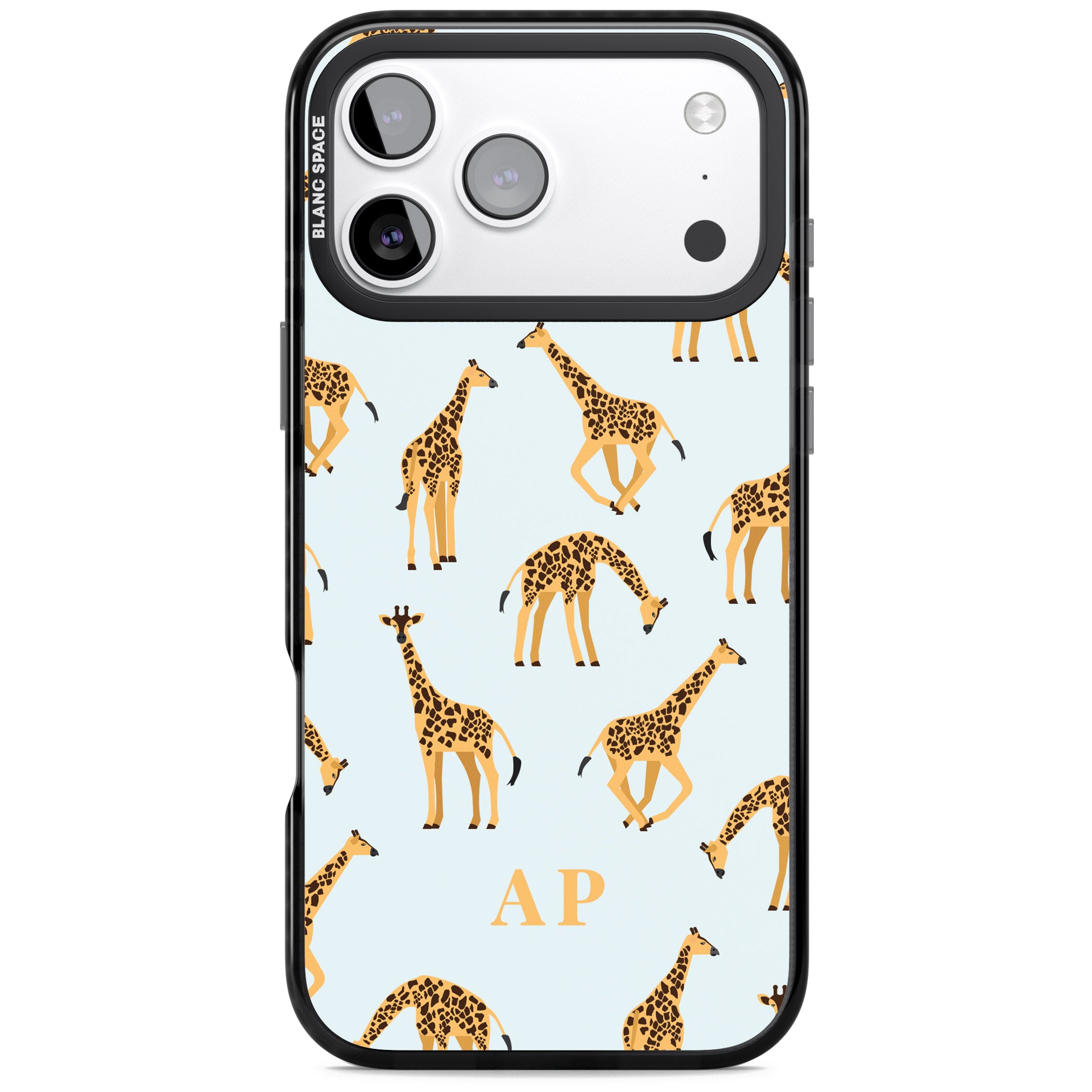 Personalised Safari Giraffe Pattern On Blue iPhone 17 Pro Impact Pro Black Phone Case
