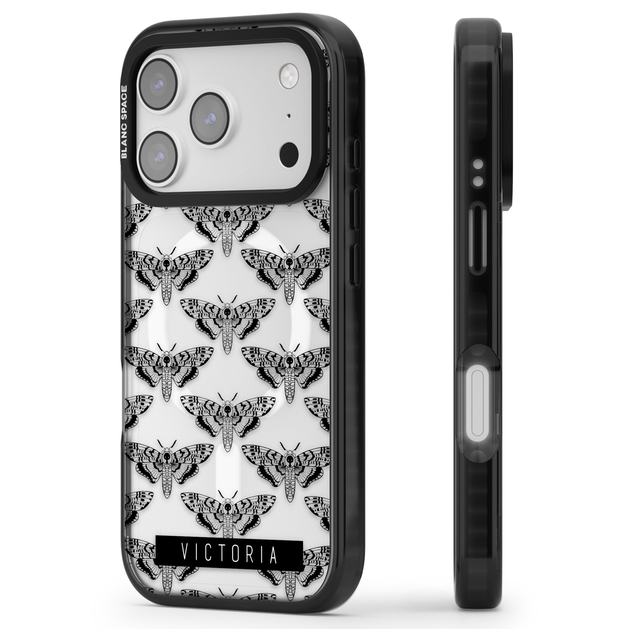 Personalised Hawk Moth Pattern iPhone 17 Pro Impact Pro Black Phone Case Side Profile