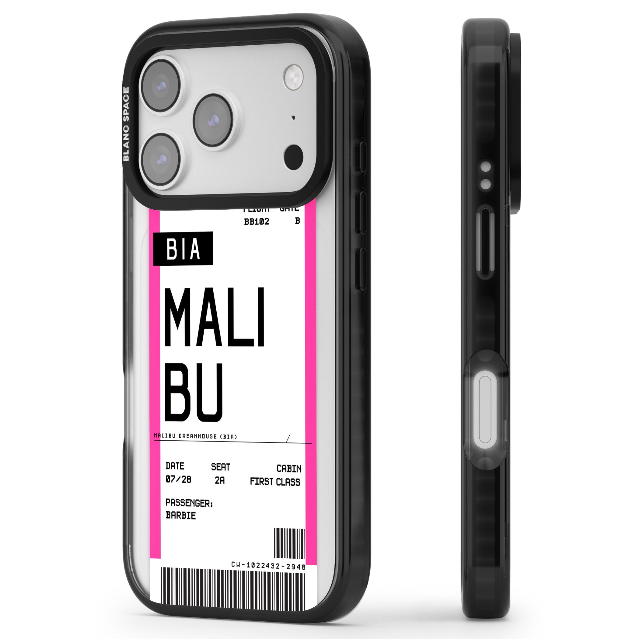 Personalised Pink Malibu Boarding Pass iPhone 17 Pro Impact Pro Black Phone Case Side Profile