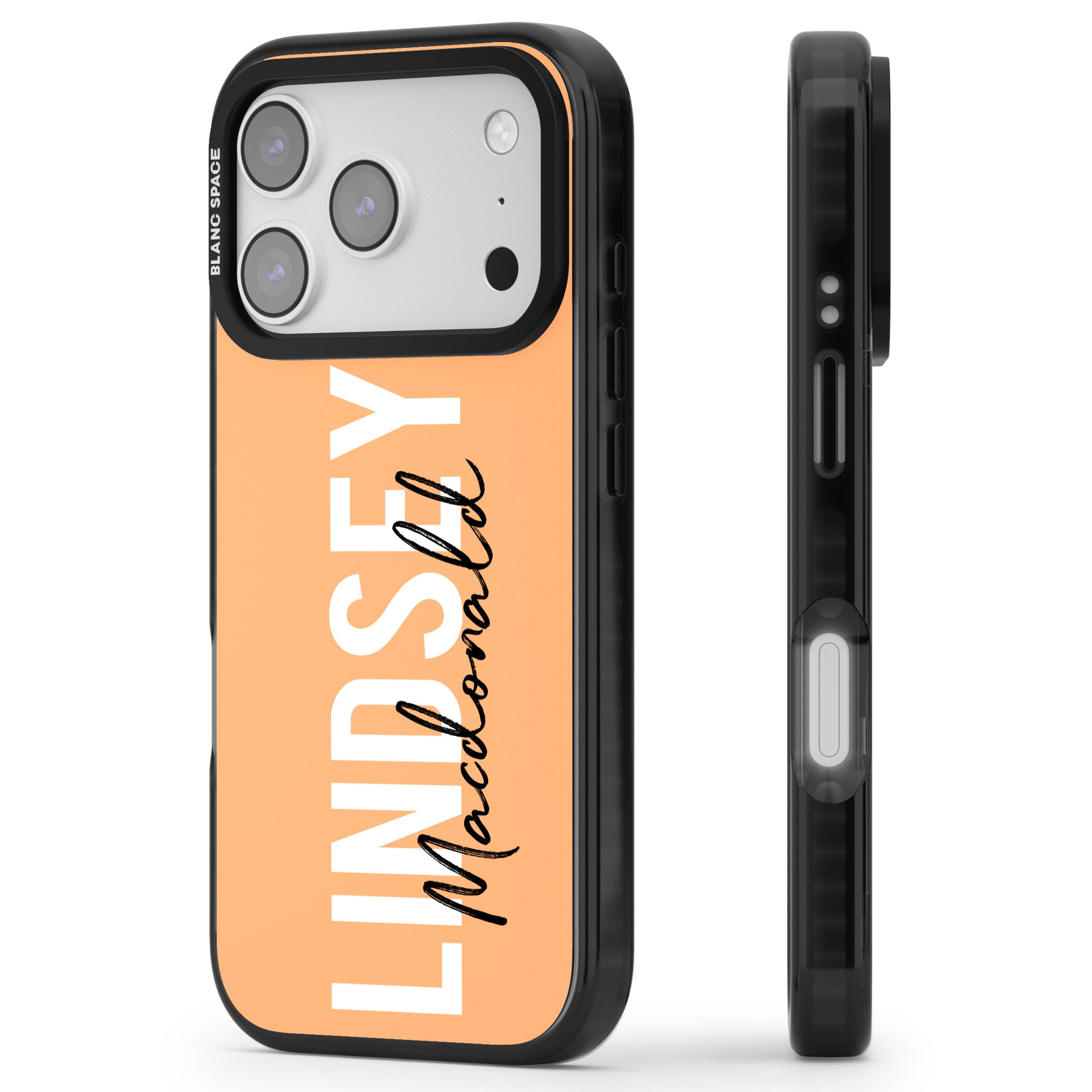 Personalised Bold Name: Peach iPhone 17 Pro Impact Pro Black Phone Case Side Profile