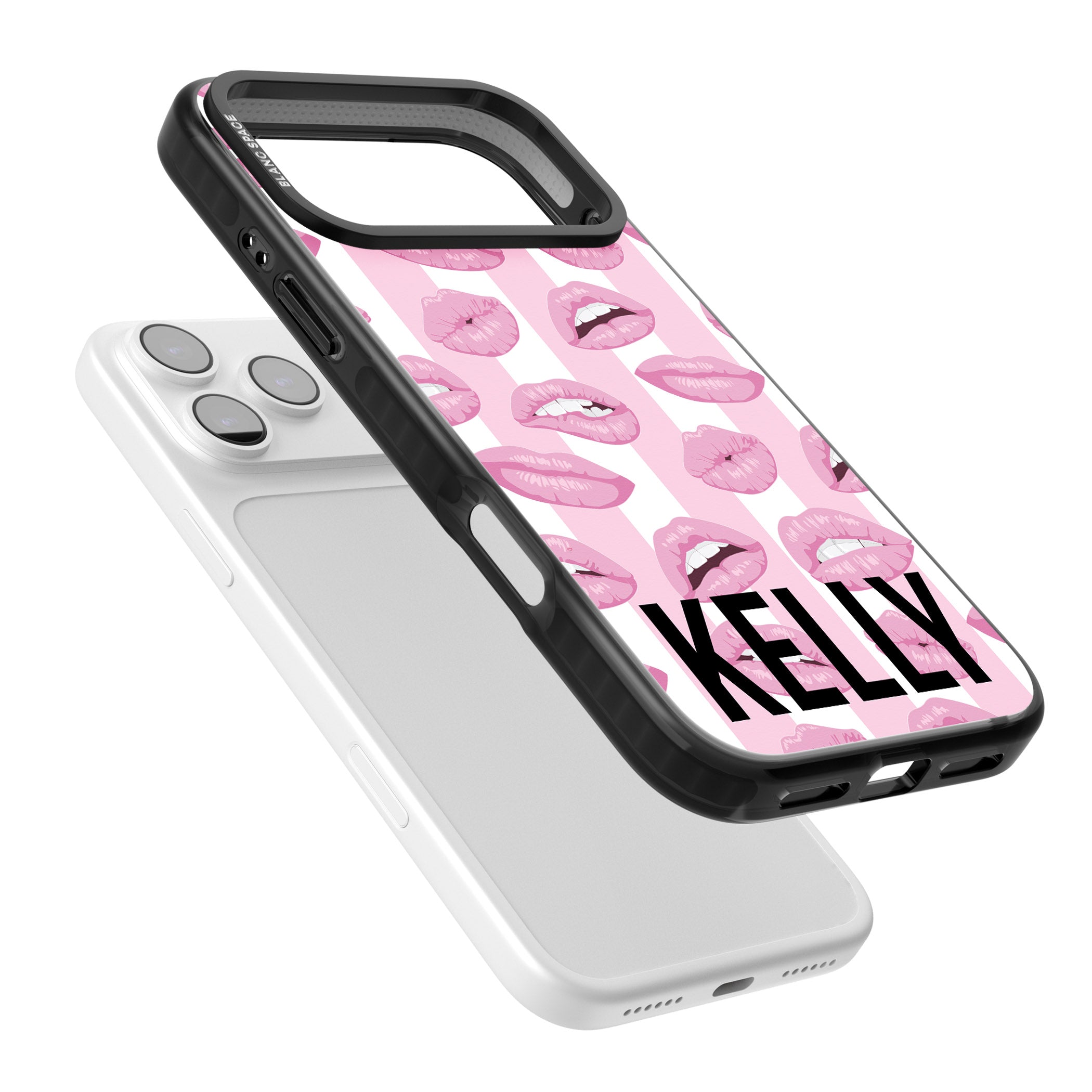 Personalised Pink Stripes & Lips iPhone 17 Pro Impact Pro Black Phone Case Colours