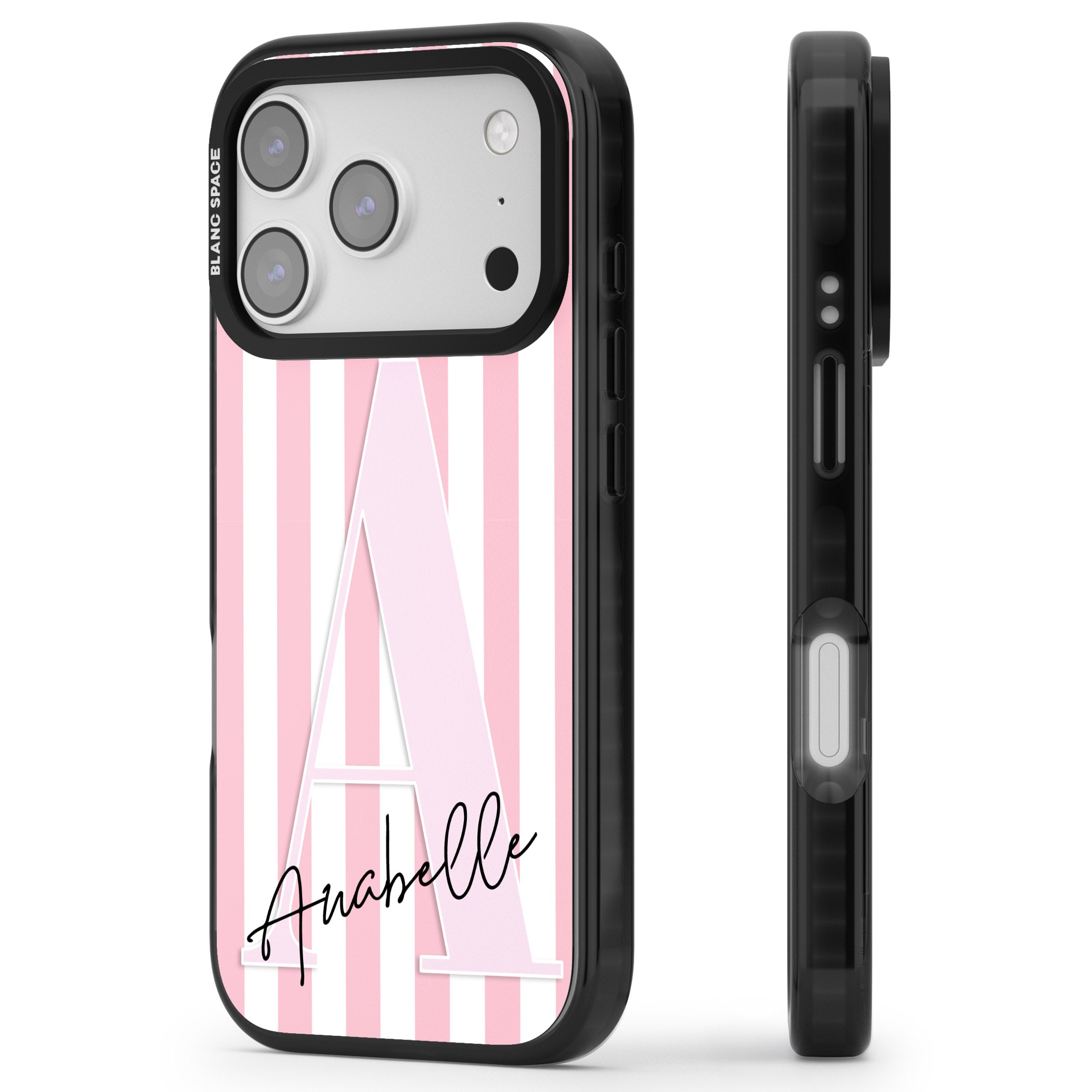 Personalised Pink Stripes & Monogram iPhone 17 Pro Impact Pro Black Phone Case Side Profile