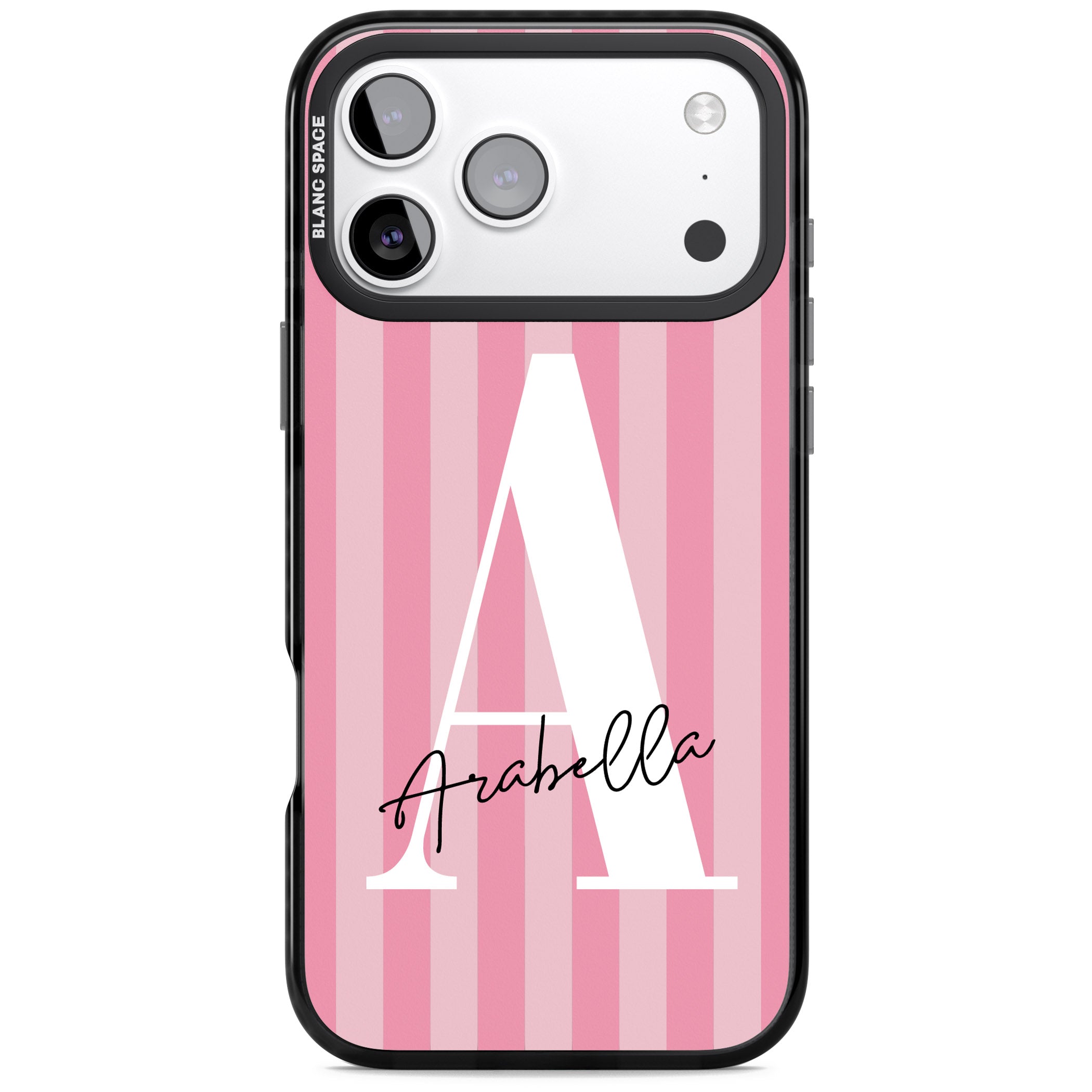 Personalised Pink Stripes Initial iPhone 17 Pro Impact Pro Black Phone Case