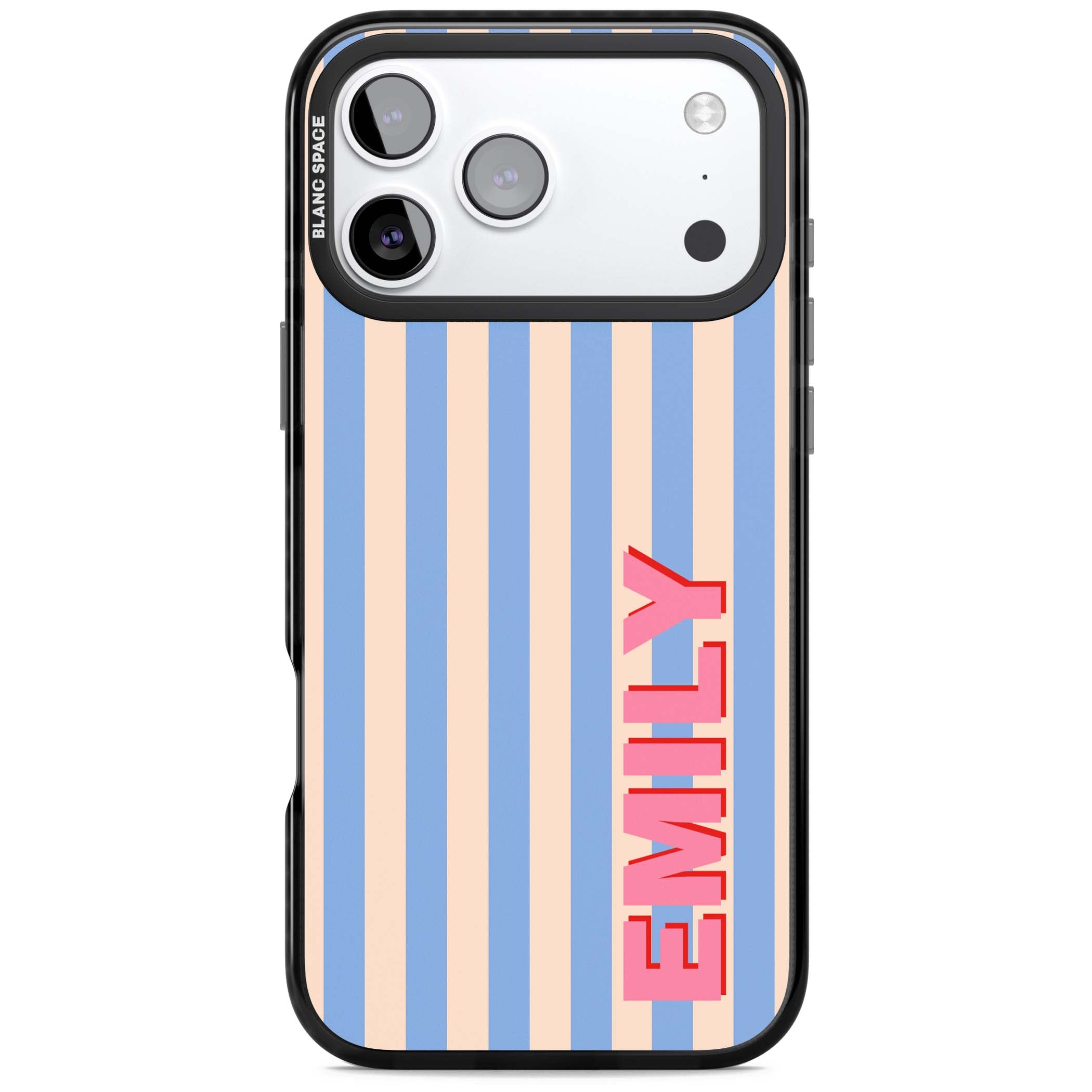 Coastal Stripe personalised coastal iPhone case with blue and peach vertical stripes and custom pink name | Black Impact Magsafe case for iPhone 17 Pro, iPhone 17 Pro Max