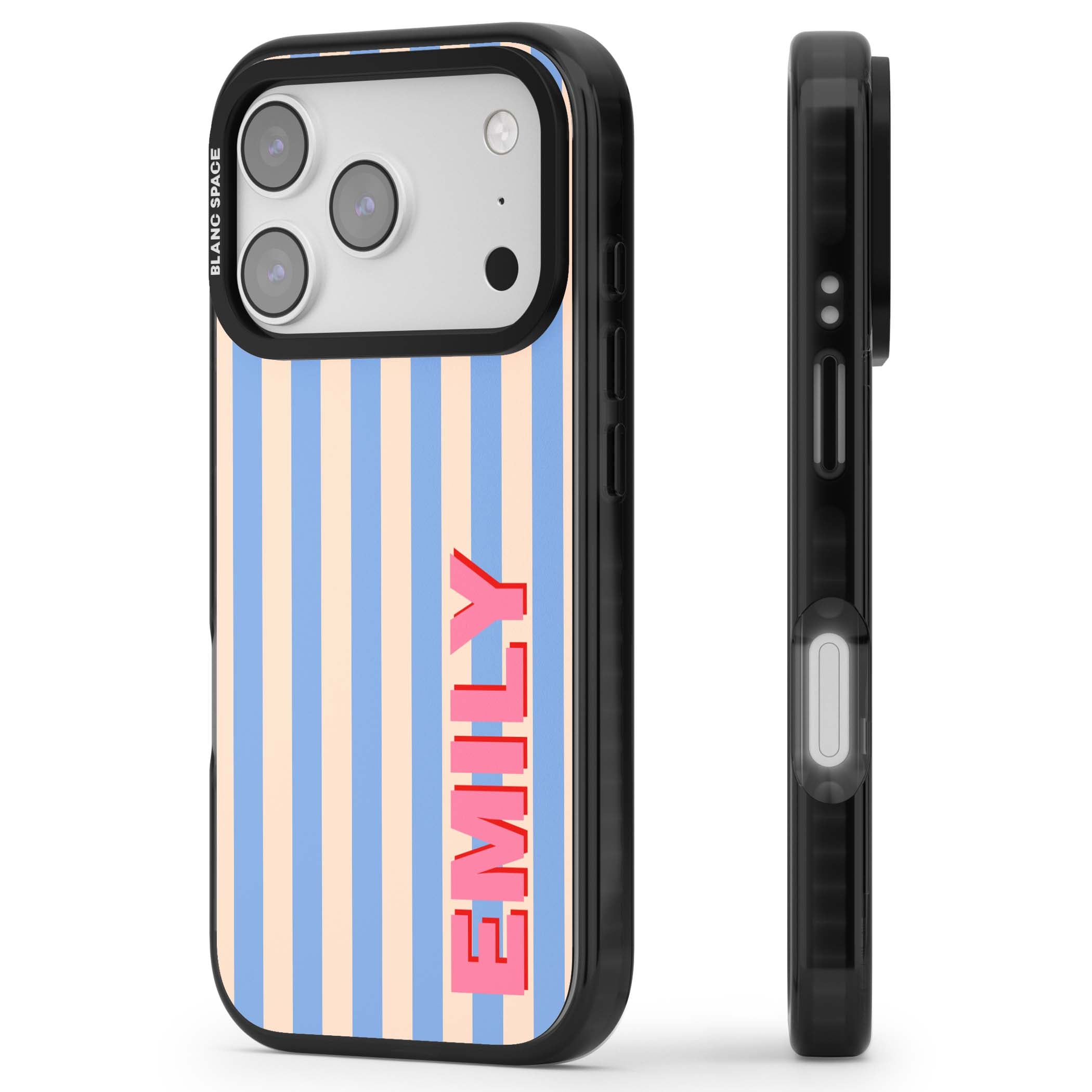Coastal Stripe personalised coastal iPhone case with blue and peach vertical stripes and custom pink name | Black Impact Magsafe case for iPhone 17 Pro, iPhone 17 Pro Max