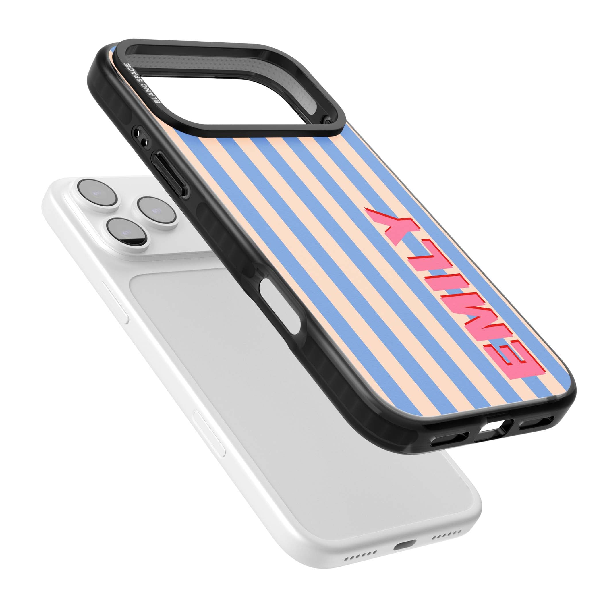 Coastal Stripe personalised coastal iPhone case with blue and peach vertical stripes and custom pink name | Black Impact Magsafe case for iPhone 17 Pro, iPhone 17 Pro Max